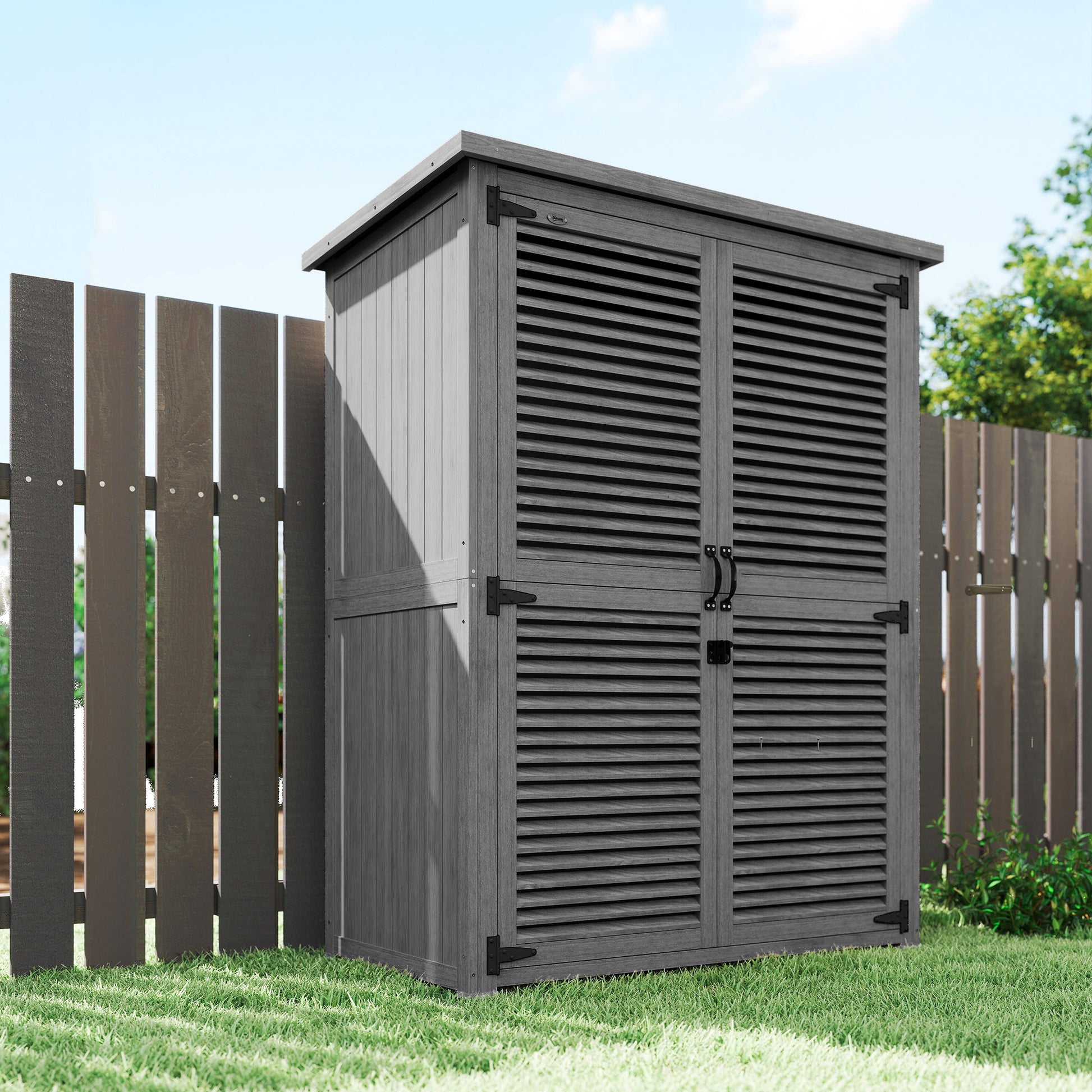 Outsunny Caseta de Jardín de Madera, 127x65x168 cm, Cobertizo Jardín Exterior, Armario para Almacenaje Herramientas, con 2 Puertas de Persiana 2 Estantes Techo Impermeable para Patio Terraza, Gris