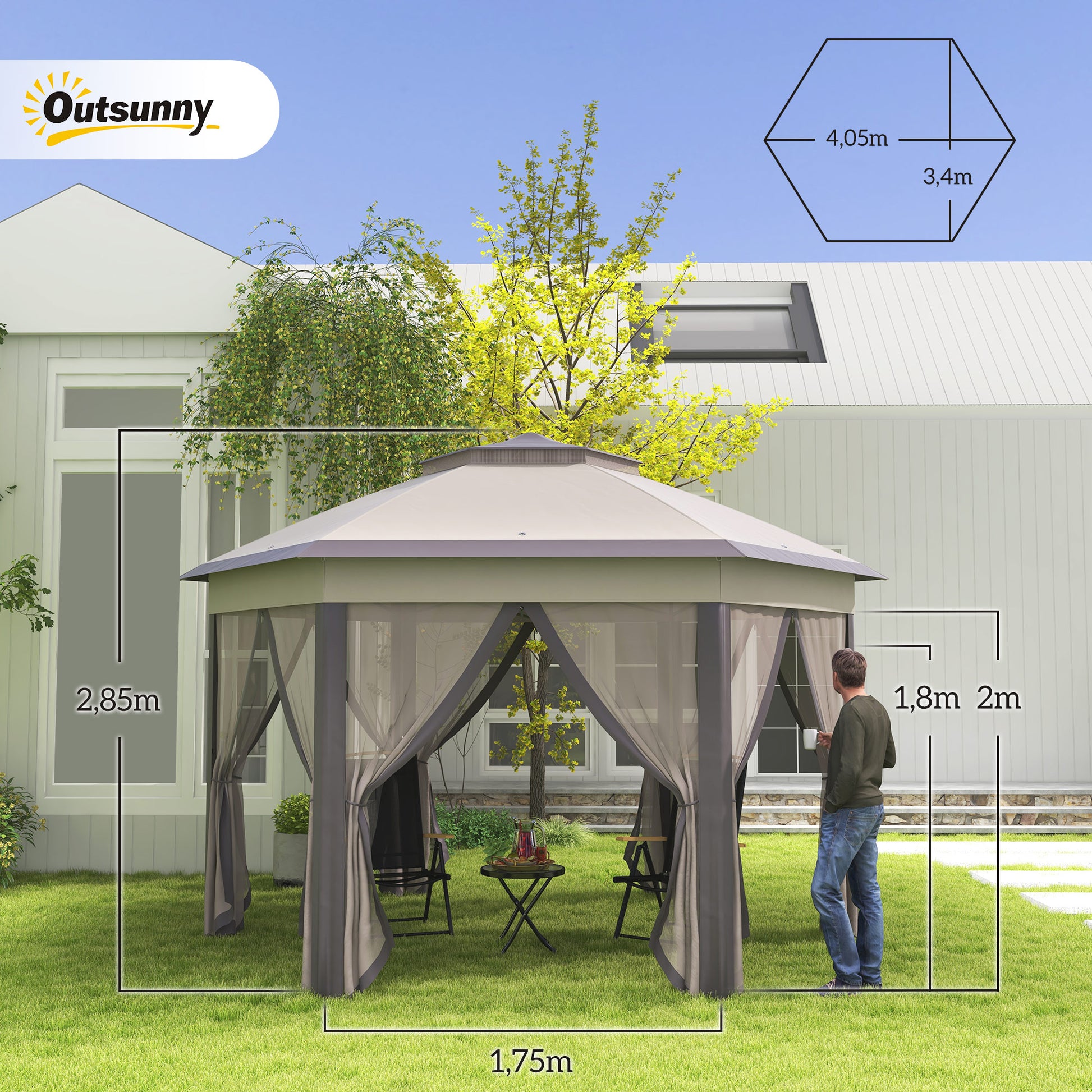 Outsunny Carpa Plegable 4x3,4 m, Cenador de Jardín Hexagonal con Doble Techo, 6 Mosquiteras Extraíbles y Bolsa de Transporte, Impermeable, Anti-UV para Exterior, Fiestas, Marrón y Beige