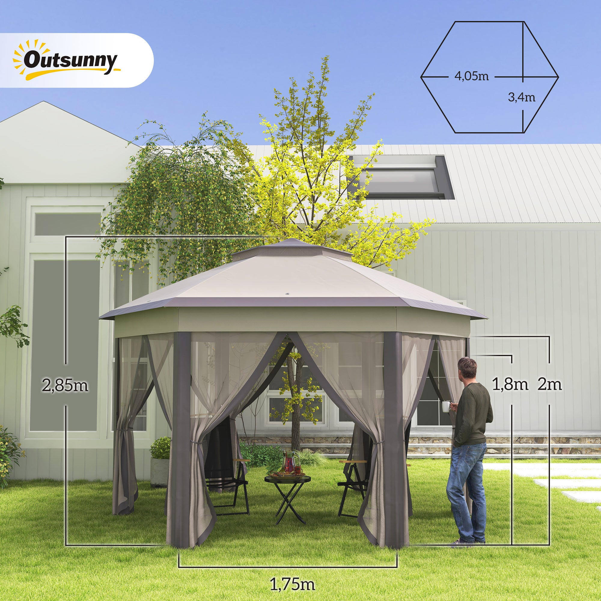 Outsunny Carpa Plegable 4x3,4 m, Cenador de Jardín Hexagonal con Doble Techo, 6 Mosquiteras Extraíbles y Bolsa de Transporte, Impermeable, Anti-UV para Exterior, Fiestas, Marrón y Beige