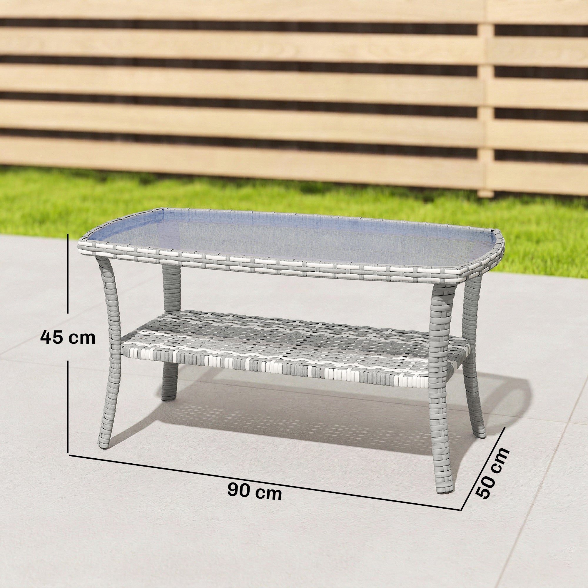 Outsunny Mesa de Jardín Exterior de Ratán con Estante, Mesita Auxiliar de Jardín Rectangular, Tablero de Vidrio Templado con Ondas, Estructura de Acero, para Terraza, Patio, 90x50x45 cm, Gris Oscuro