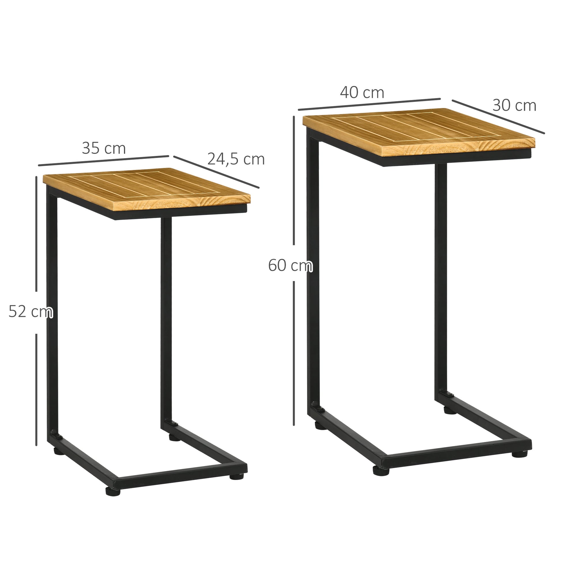 Outsunny Juego de 2 Mesas Auxiliares de Jardín Mesas Apilables en Forma de C con Marco de Metal y Tapa de Madera para Uso en Interiores y Exteriores 40x30x60 cm y 35x24,5x52 cm Marrón Claro