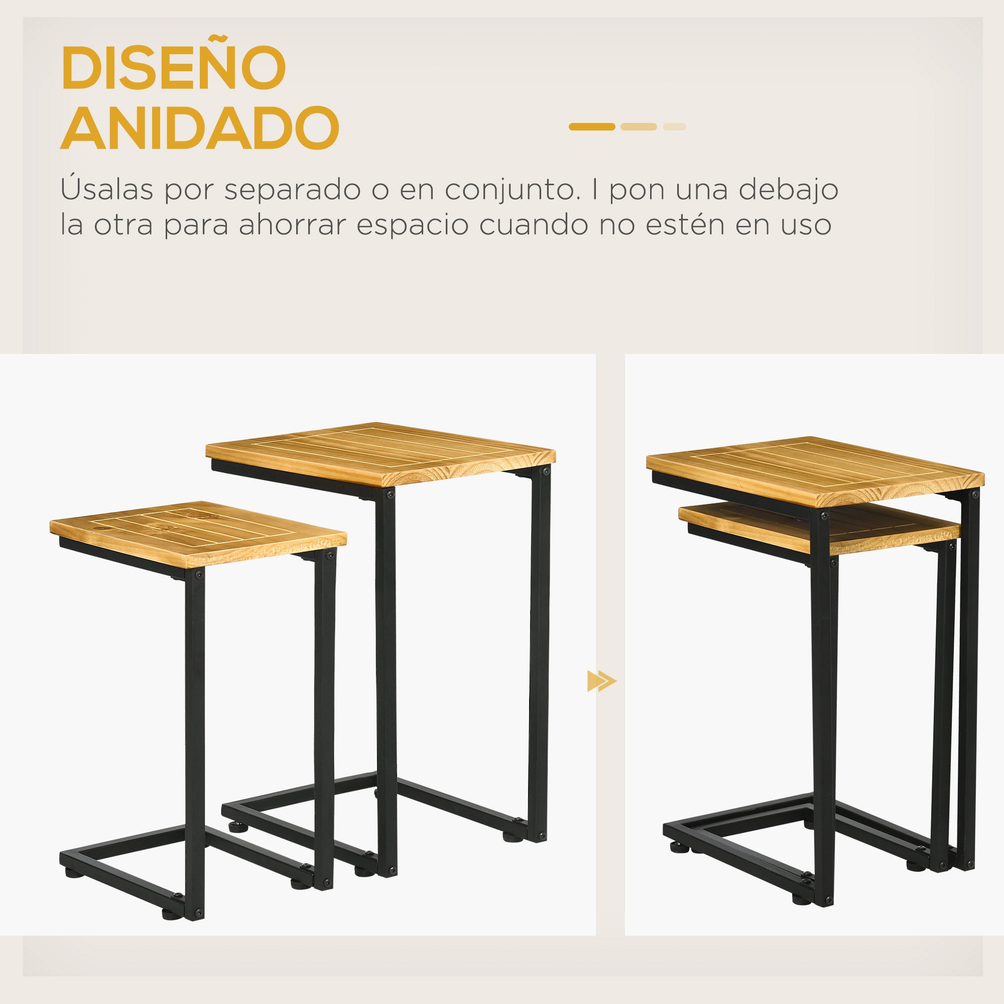 Outsunny Juego de 2 Mesas Auxiliares de Jardín Mesas Apilables en Forma de C con Marco de Metal y Tapa de Madera para Uso en Interiores y Exteriores 40x30x60 cm y 35x24,5x52 cm Marrón Claro
