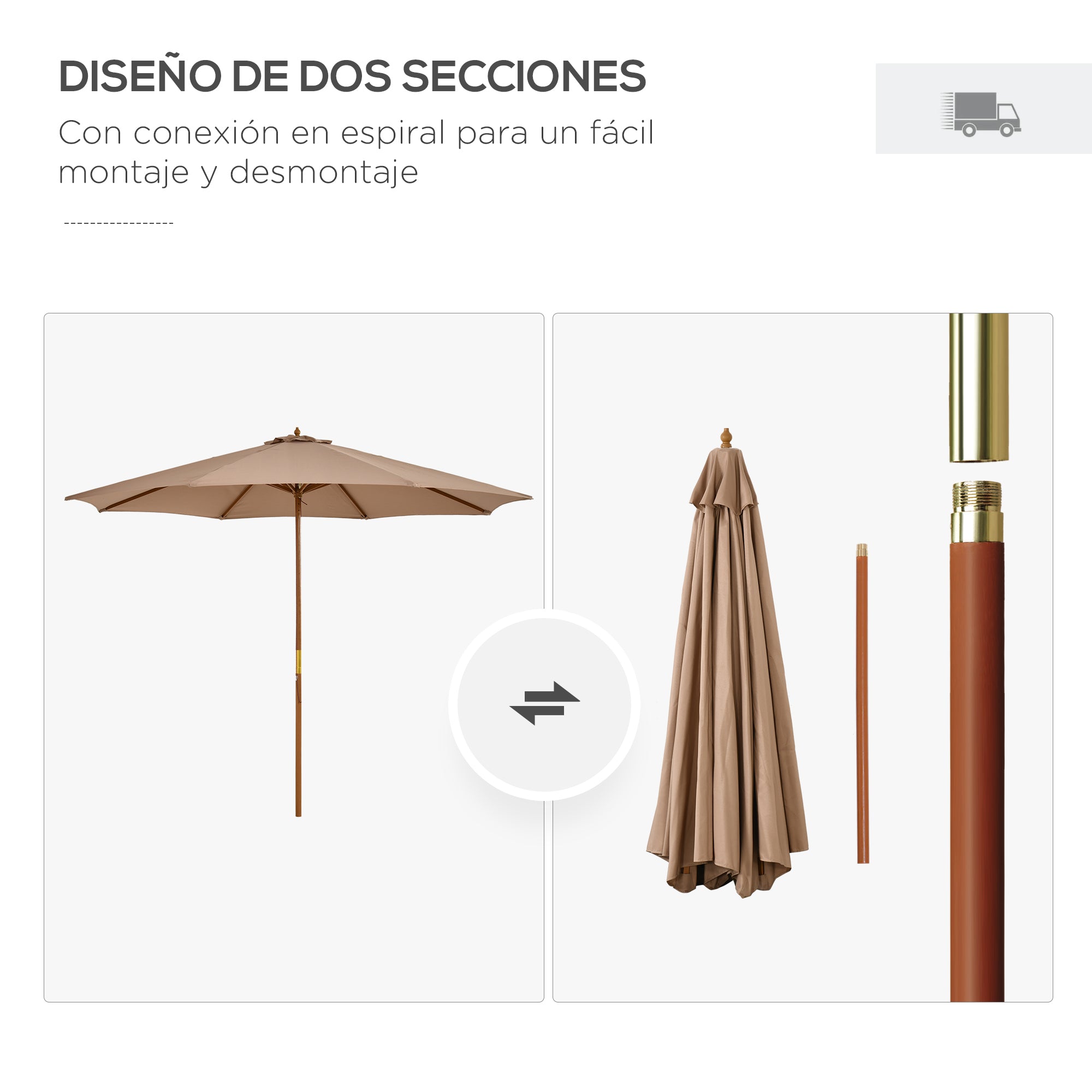 Outsunny Sombrilla Terraza Exterior Ø300 cm Sombrilla de Jardín con Sistema de Polea Techo Ventilado y Poste Desmontable de Madera Parasol para Patio Terraza Caqui