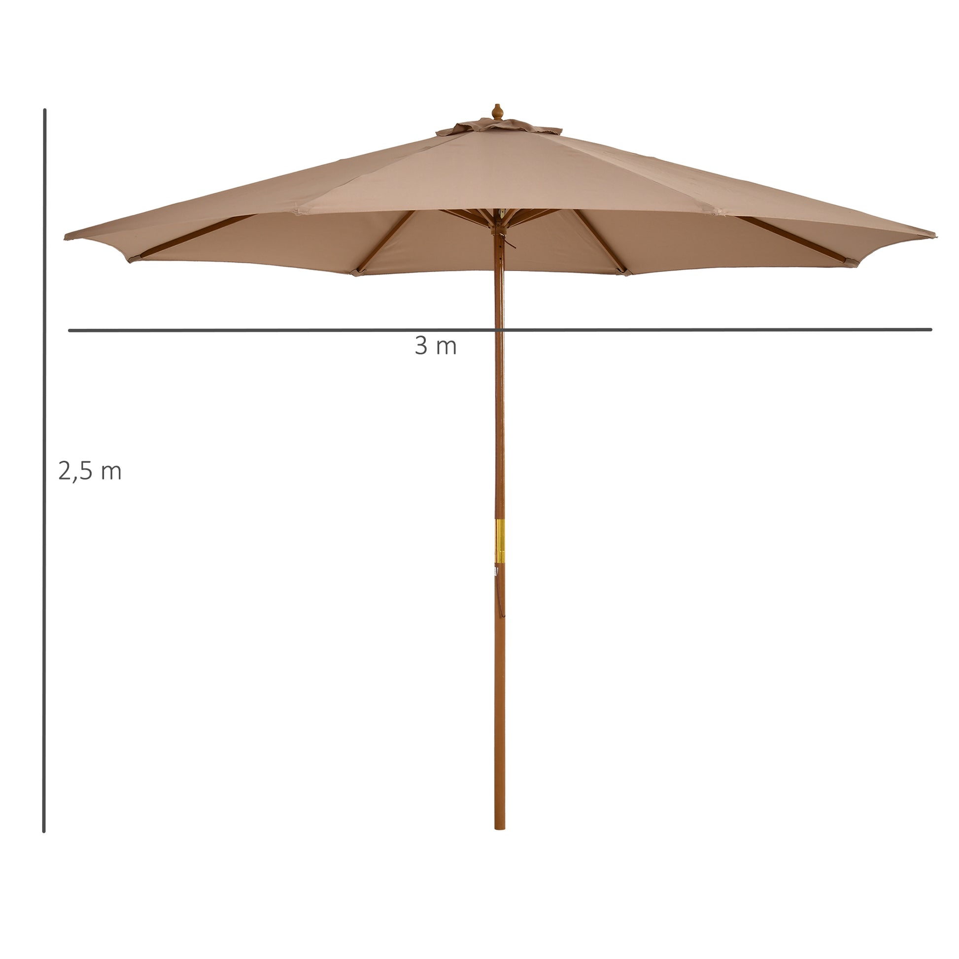 Outsunny Sombrilla Terraza Exterior Ø300 cm Sombrilla de Jardín con Sistema de Polea Techo Ventilado y Poste Desmontable de Madera Parasol para Patio Terraza Caqui