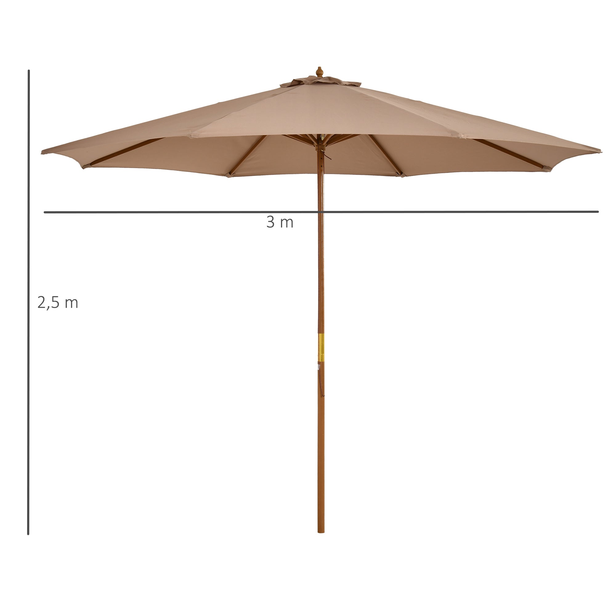 Outsunny Sombrilla Terraza Exterior Ø300 cm Sombrilla de Jardín con Sistema de Polea Techo Ventilado y Poste Desmontable de Madera Parasol para Patio Terraza Caqui