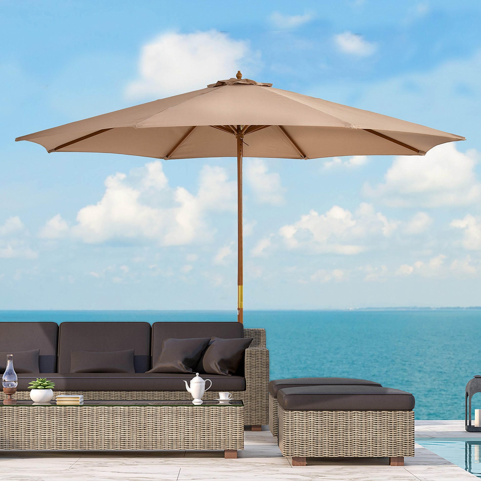 Outsunny Sombrilla Terraza Exterior Ø300 cm Sombrilla de Jardín con Sistema de Polea Techo Ventilado y Poste Desmontable de Madera Parasol para Patio Terraza Caqui