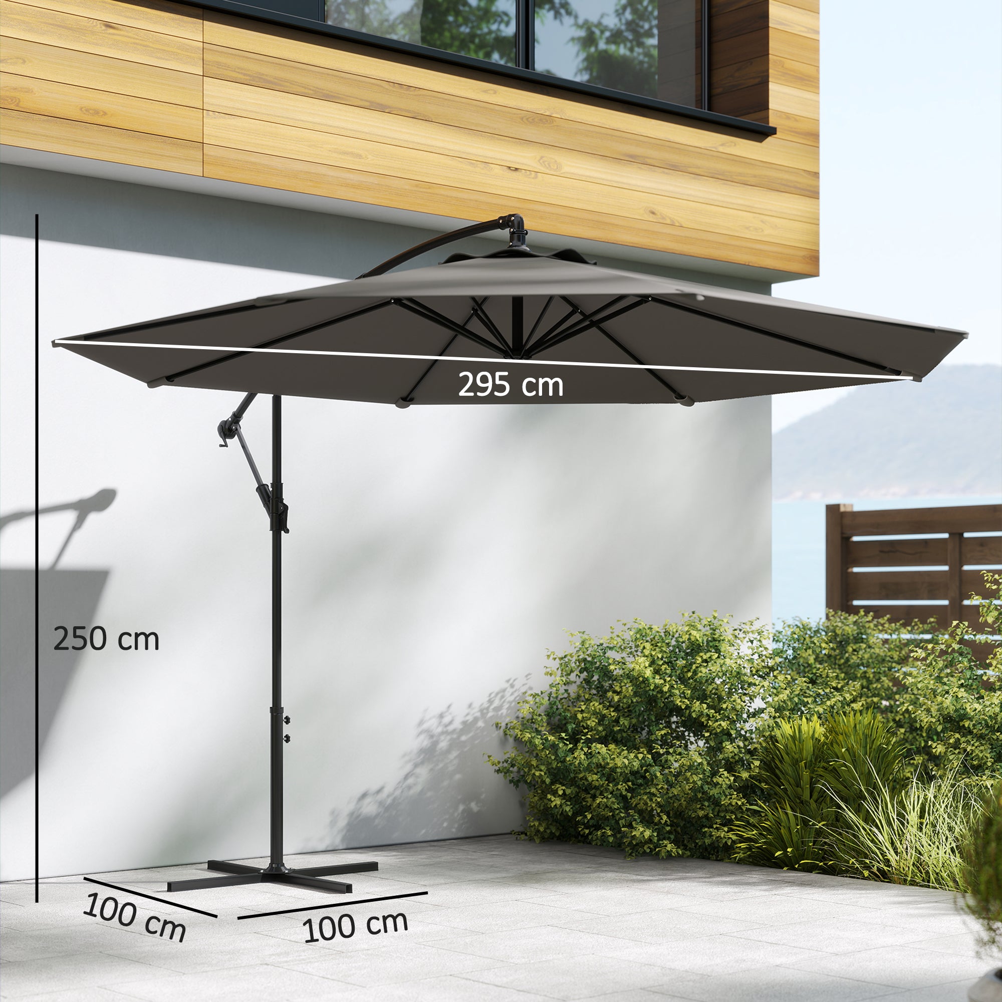Outsunny Parasol Excéntrico, Ø300 cm, Sombrilla de Jardín con Base Cruzada, Toldo Ajustable, Manivela, 8 Barras, UPF30+, para Terraza, Patio, Exterior, Gris