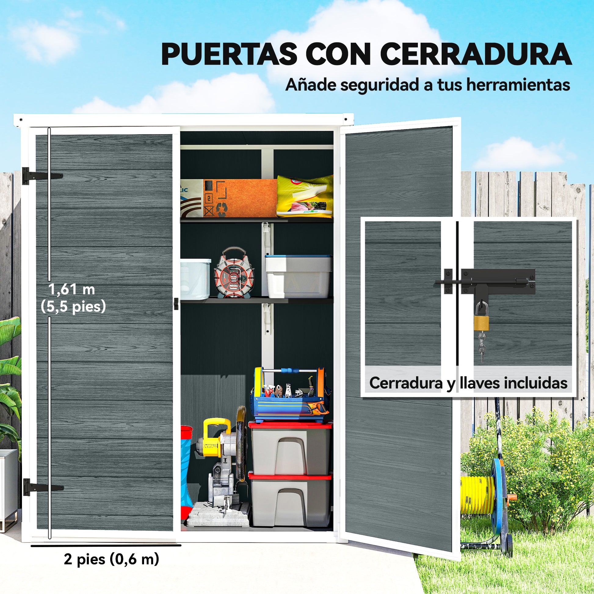 Outsunny Caseta de Jardín Exterior, 0,81 m², 134x68,5x170 cm, Cobertizo de Jardín Exterior de Plástico con Suelo, 2 Estantes Plegables, Puertas Dobles con Pestillo para Almacenaje Herramientas, Gris