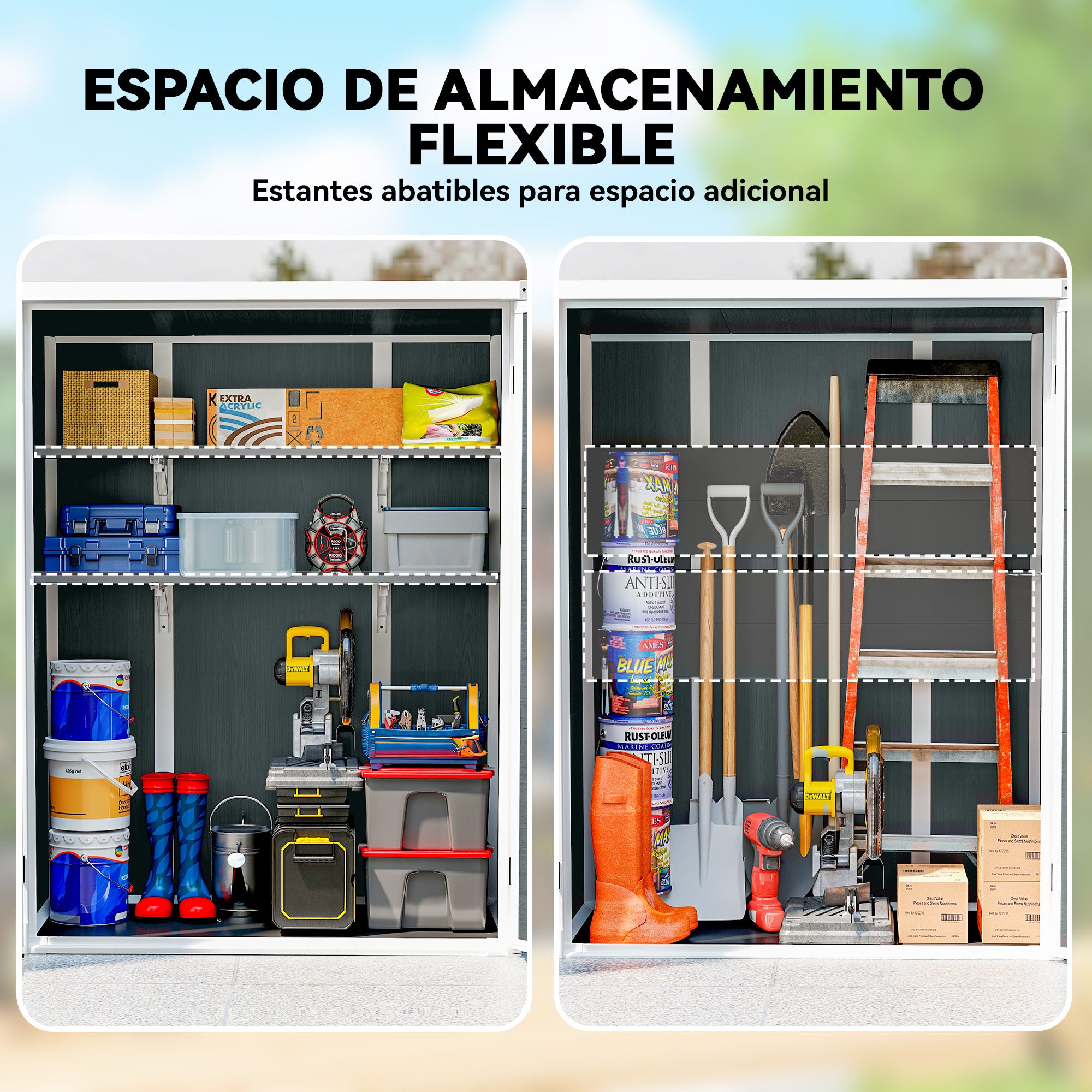 Outsunny Caseta de Jardín Exterior, 0,81 m², 134x68,5x170 cm, Cobertizo de Jardín Exterior de Plástico con Suelo, 2 Estantes Plegables, Puertas Dobles con Pestillo para Almacenaje Herramientas, Gris