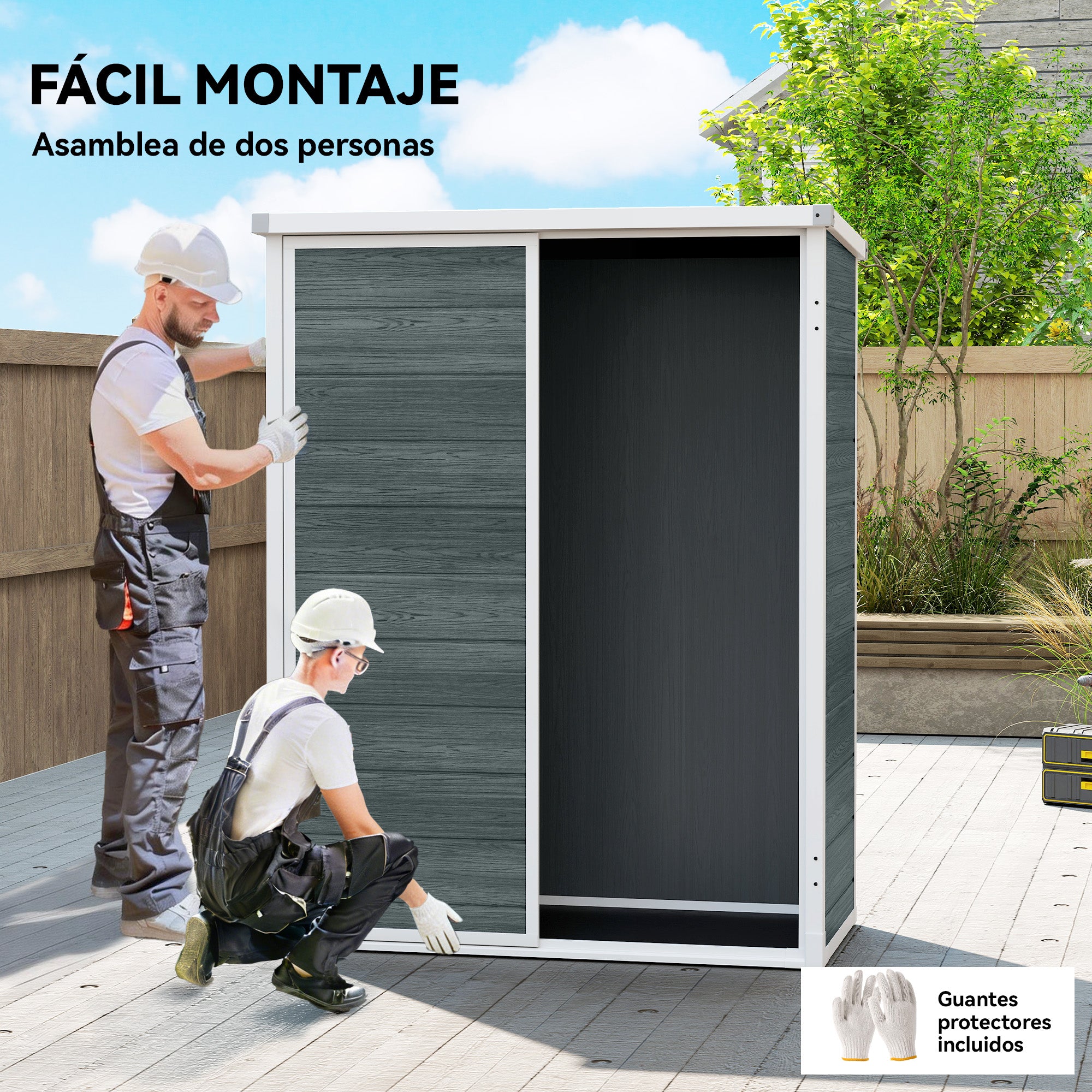 Outsunny Caseta de Jardín Exterior, 0,81 m², 134x68,5x170 cm, Cobertizo de Jardín Exterior de Plástico con Suelo, 2 Estantes Plegables, Puertas Dobles con Pestillo para Almacenaje Herramientas, Gris