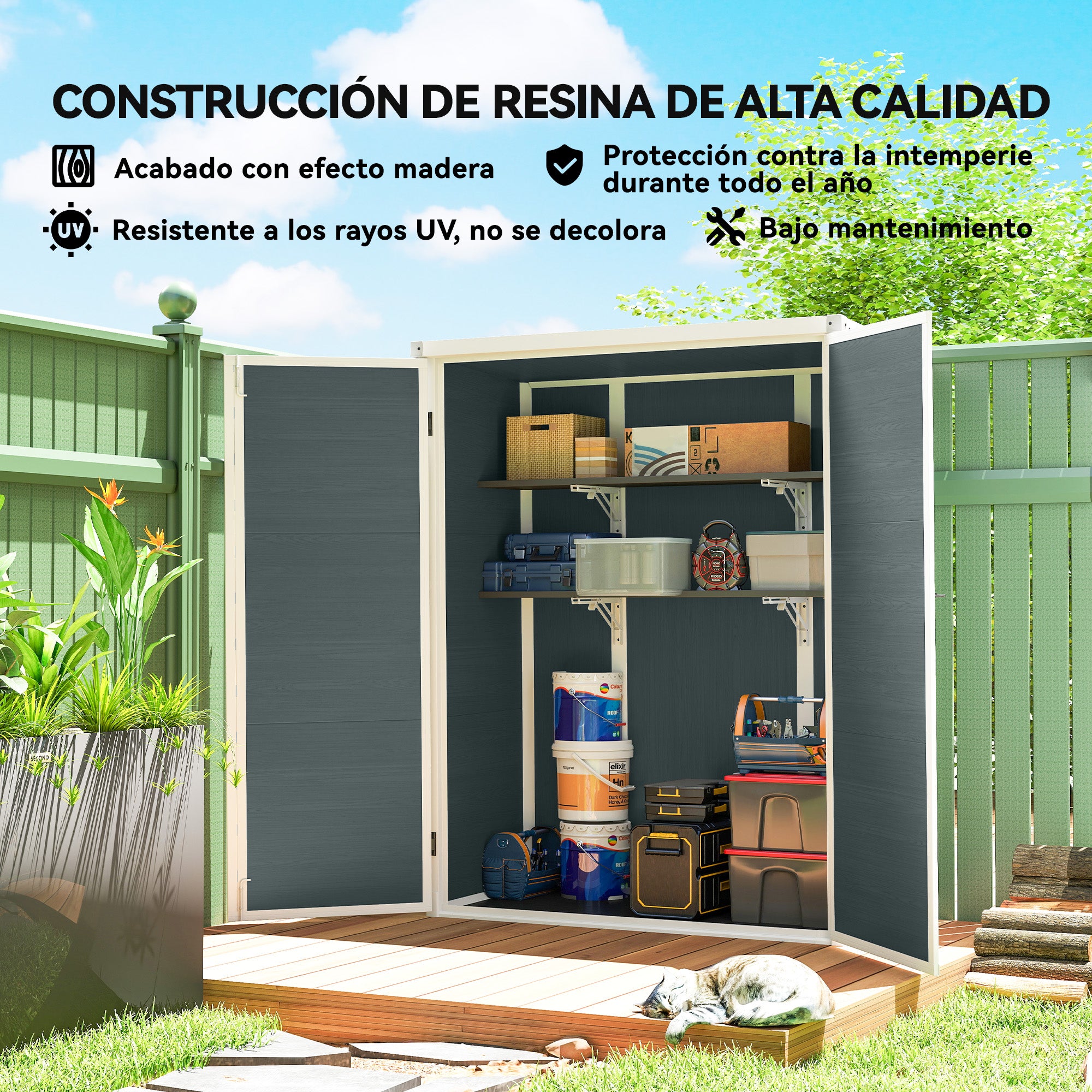 Outsunny Caseta de Jardín Exterior, 0,81 m², 134x68,5x170 cm, Cobertizo de Jardín Exterior de Plástico con Suelo, 2 Estantes Plegables, Puertas Dobles con Pestillo para Almacenaje Herramientas, Gris