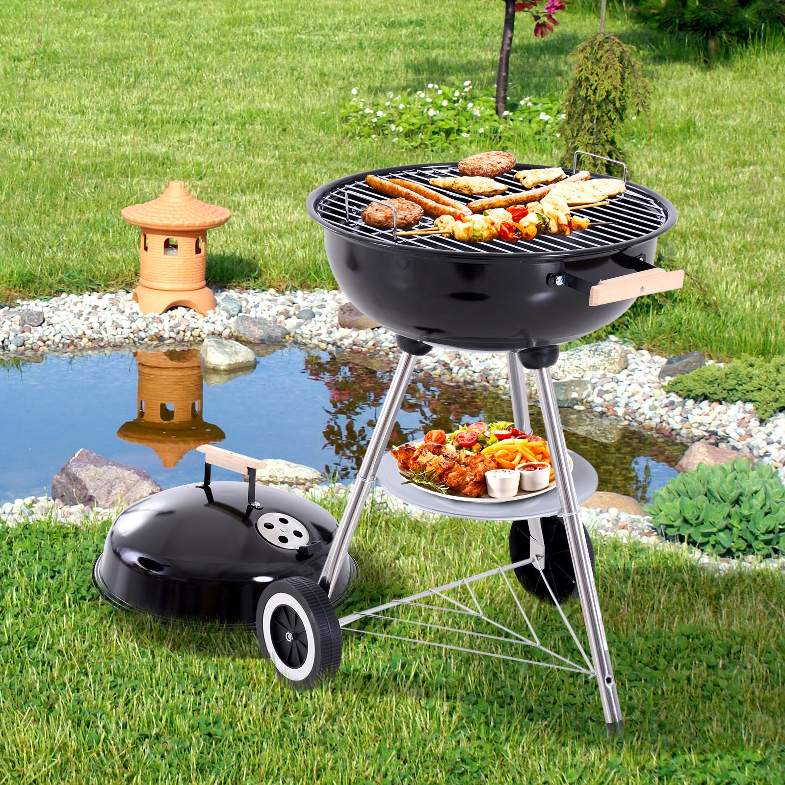 Outsunny Barbacoa de Carbón Vegetal con Ruedas Parilla de Carbón BBQ Portátil Tapa y Tazón Esmaltados Mangos de Madera 48x56x85cm para Jardín Exterior Picnic Acampada