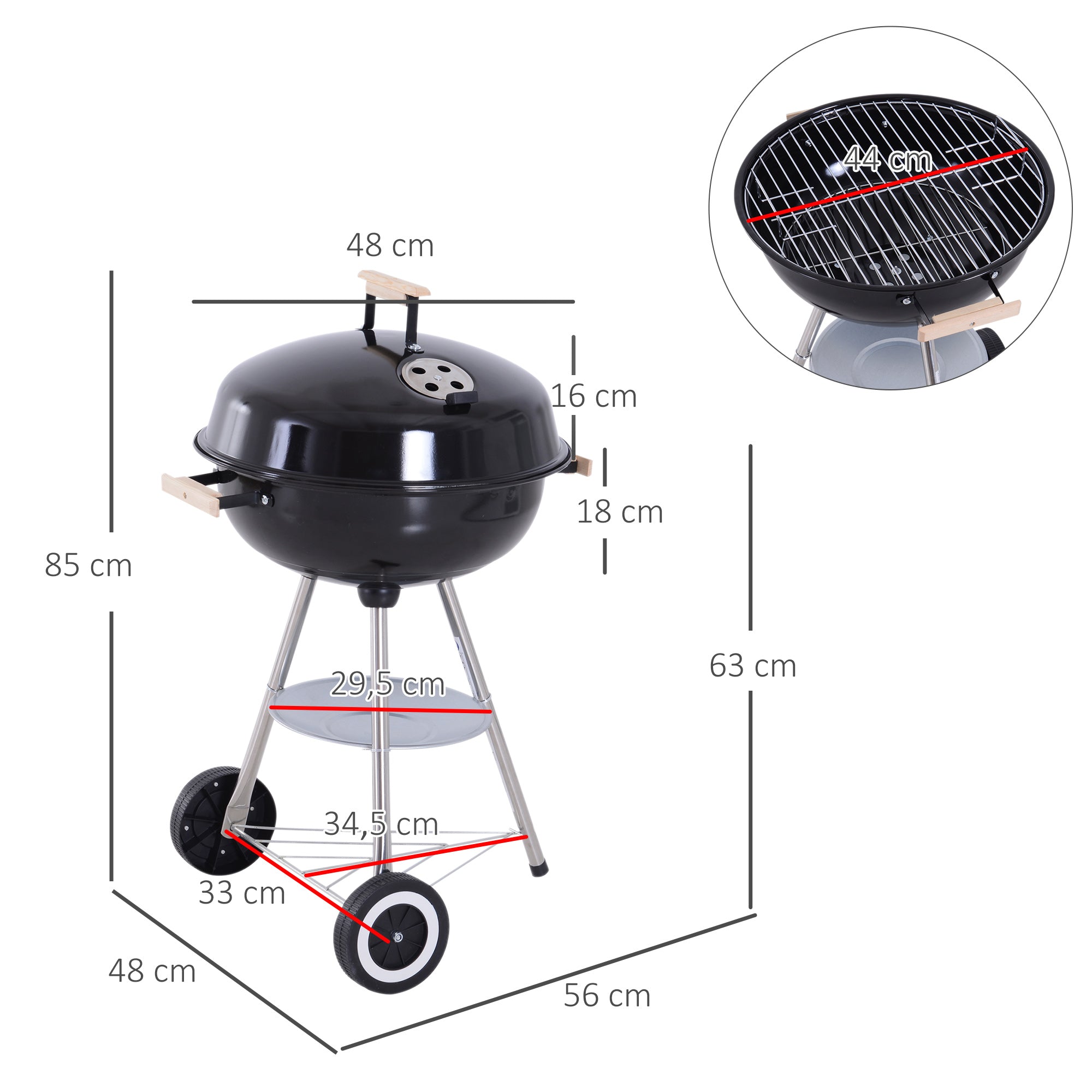 Outsunny Barbacoa de Carbón Vegetal con Ruedas Parilla de Carbón BBQ Portátil Tapa y Tazón Esmaltados Mangos de Madera 48x56x85cm para Jardín Exterior Picnic Acampada