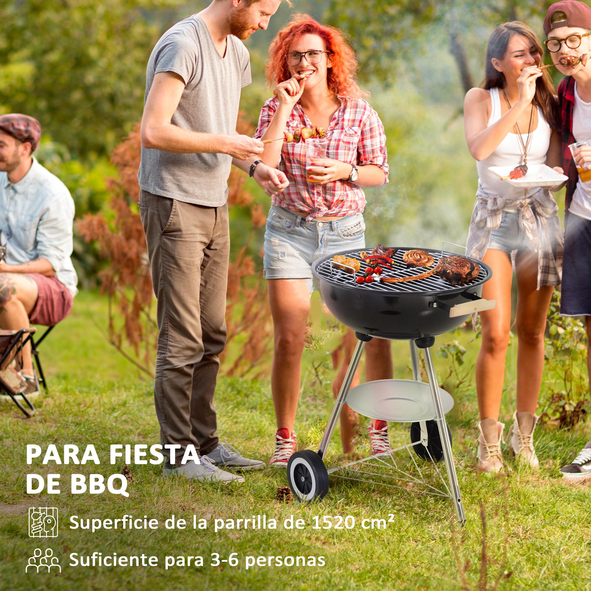 Outsunny Barbacoa de Carbón Vegetal con Ruedas Parilla de Carbón BBQ Portátil Tapa y Tazón Esmaltados Mangos de Madera 48x56x85cm para Jardín Exterior Picnic Acampada