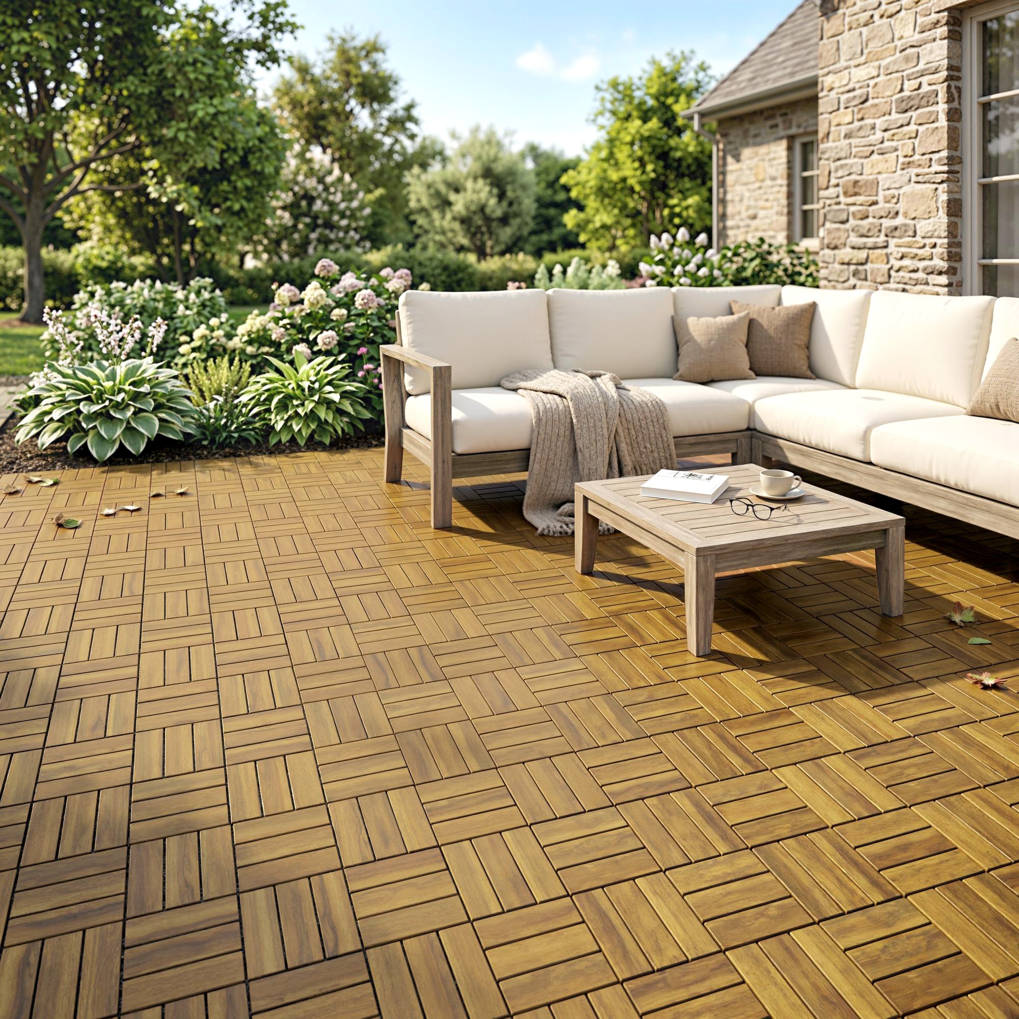 Outsunny Set de 10 Piezas Baldosas de Exterior de Madera de Acacia, 31x31 cm, 0,91 m², Suelo de Terraza Exterior, Antideslizantes y Resistentes al Clima, Fácil Instalación, para Terraza, Natural