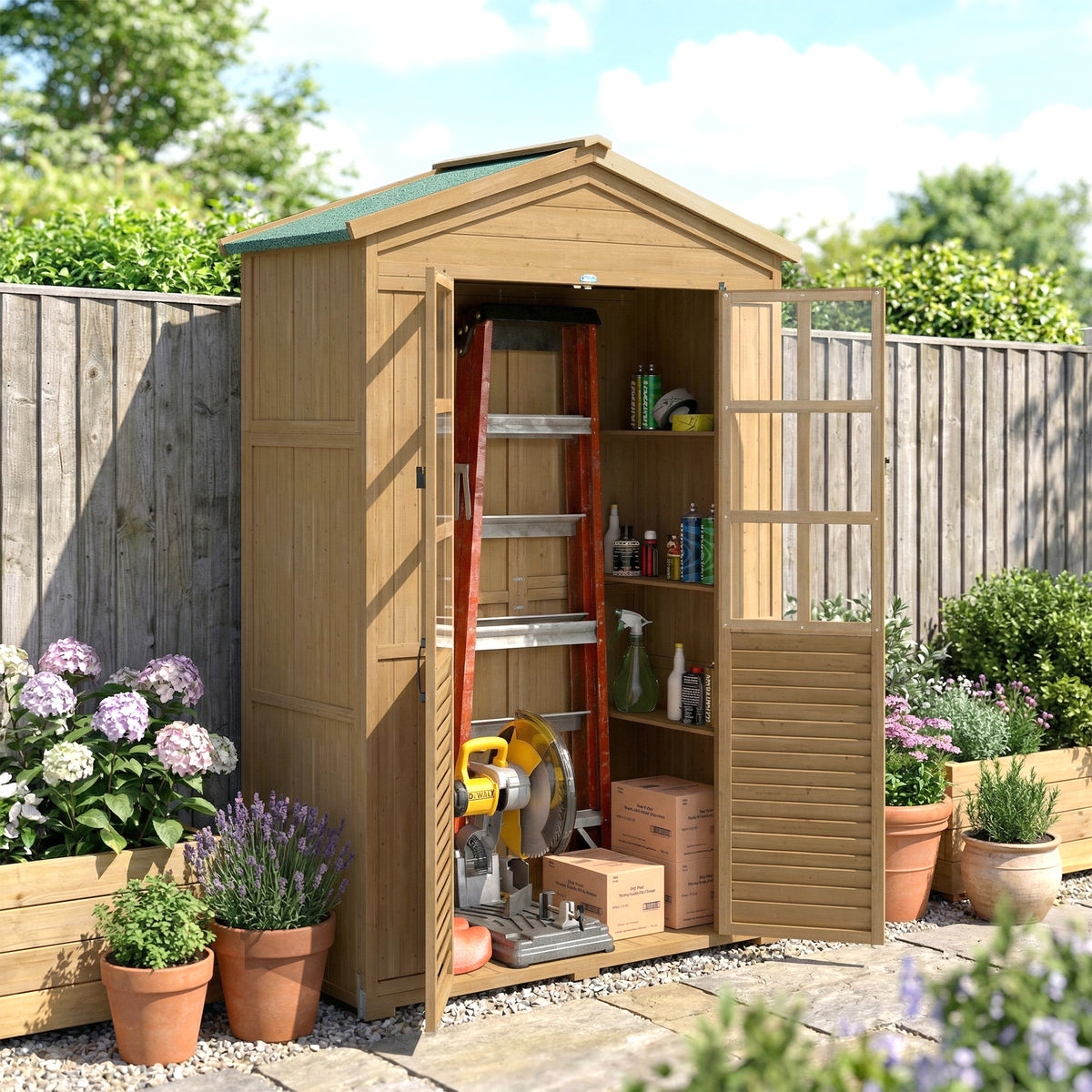 Outsunny Caseta de Jardín de Madera, Cobertizo Jardín Exterior Pequeño con Estantes y Ventanas de Acrílico, Techo de Asfalto y Puertas con Pestillo, para Herramientas, 128x57,5x197 cm, Marrón Claro