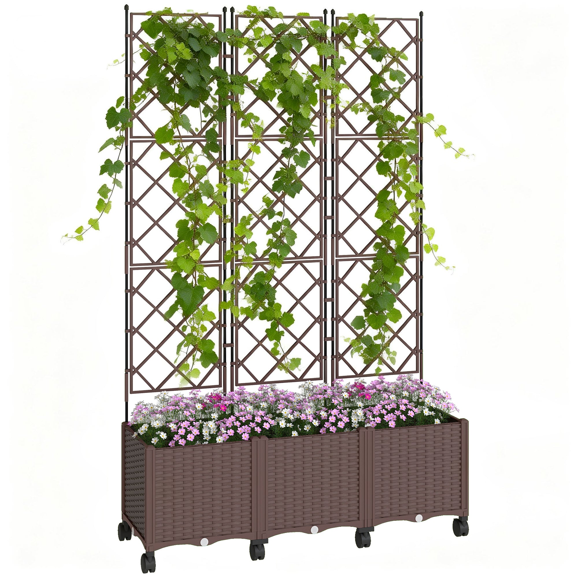 Outsunny Jardinera con Enrejado, Jardinera Exterior Grande con Ruedas para Plantas Trepadoras, con Ofricios de Drenaje y Tapones, Macetero Elevado para Jardín, Patio, Terraza, 120x40x192 cm, Marrón
