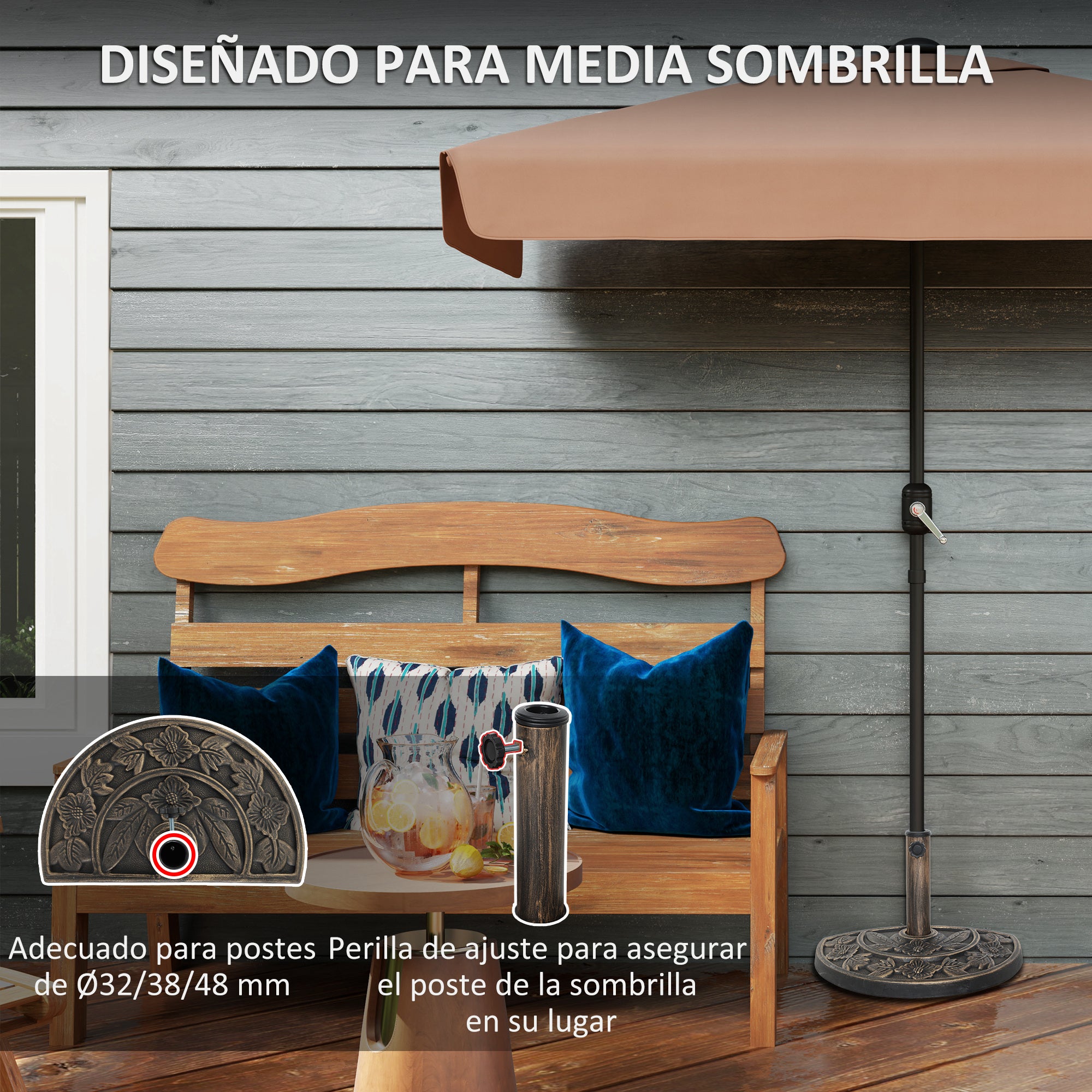 Outsunny Base para Sombrilla Semicircular Soporte para Parasol Pie para Sombrilla con Relleno de Cemento Peso 9,5 kg para Jardín Terraza Bronce