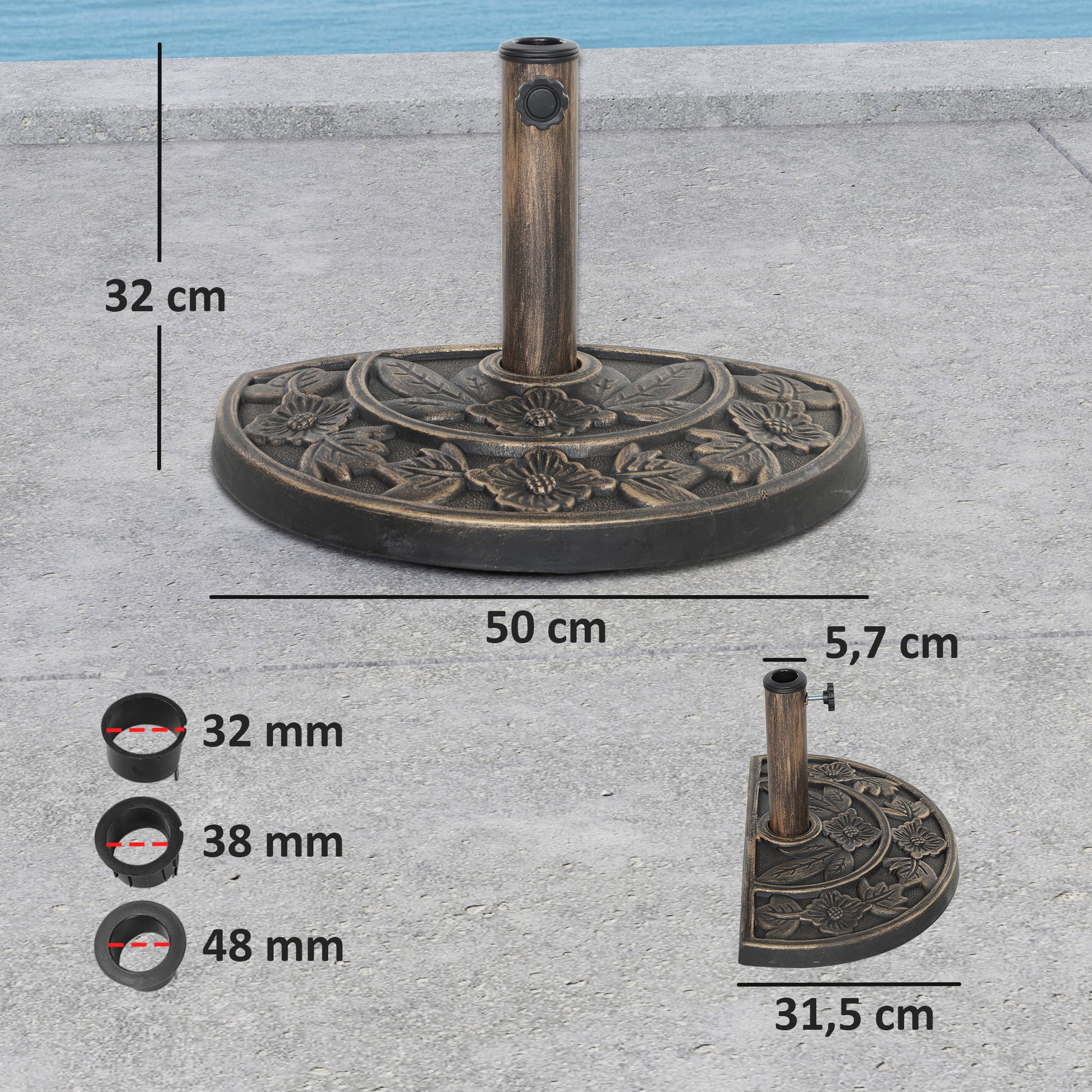Outsunny Base para Sombrilla Semicircular Soporte para Parasol Pie para Sombrilla con Relleno de Cemento Peso 9,5 kg para Jardín Terraza Bronce