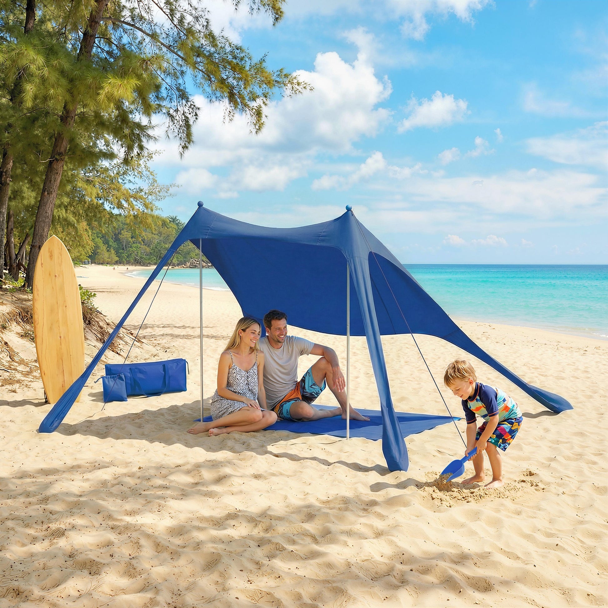 Outsunny Carpa Playa Plegable 208x200 cm, Toldo Playa Portátil para 2-4 Personas con Esterilla, UPF50+, Postes de Aluminio, Pala, Estacas y Bolsa de Transporte Impermeable, para Camping, Pesca, Azul