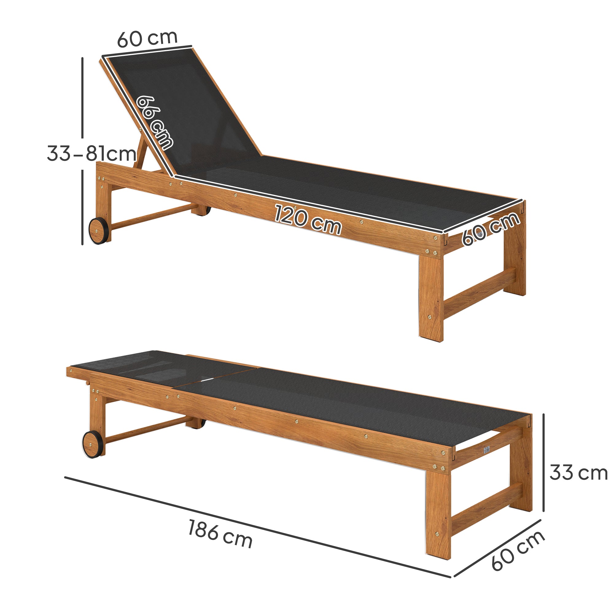 Outsunny Tumbona de Madera de Acacia con Respaldo Ajustable en 4 Niveles Tumbona de Jardín Exterior con Ruedas Carga 160 kg Tumbona para Patio Terraza Balcón Teca y Negro