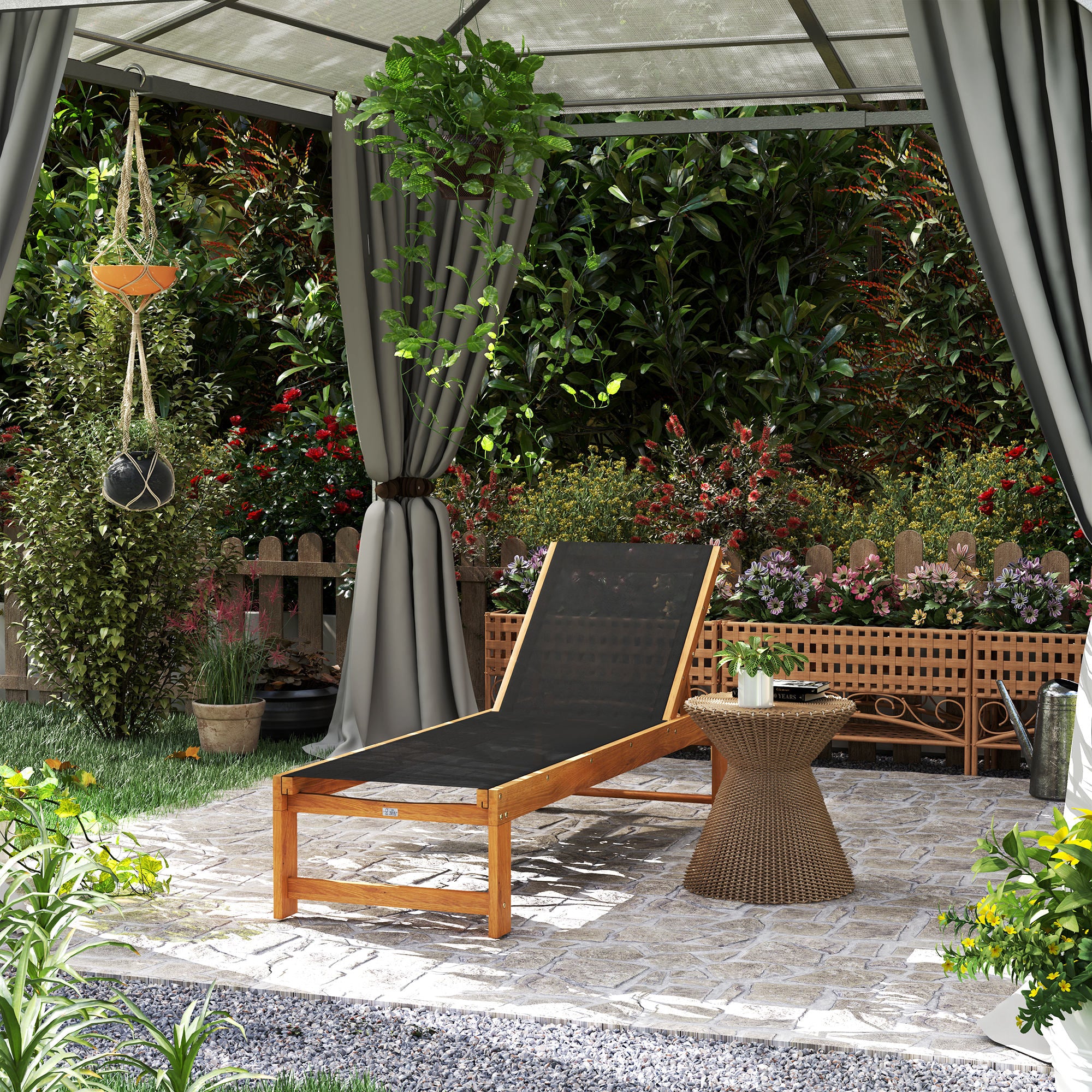 Outsunny Tumbona de Madera de Acacia con Respaldo Ajustable en 4 Niveles Tumbona de Jardín Exterior con Ruedas Carga 160 kg Tumbona para Patio Terraza Balcón Teca y Negro