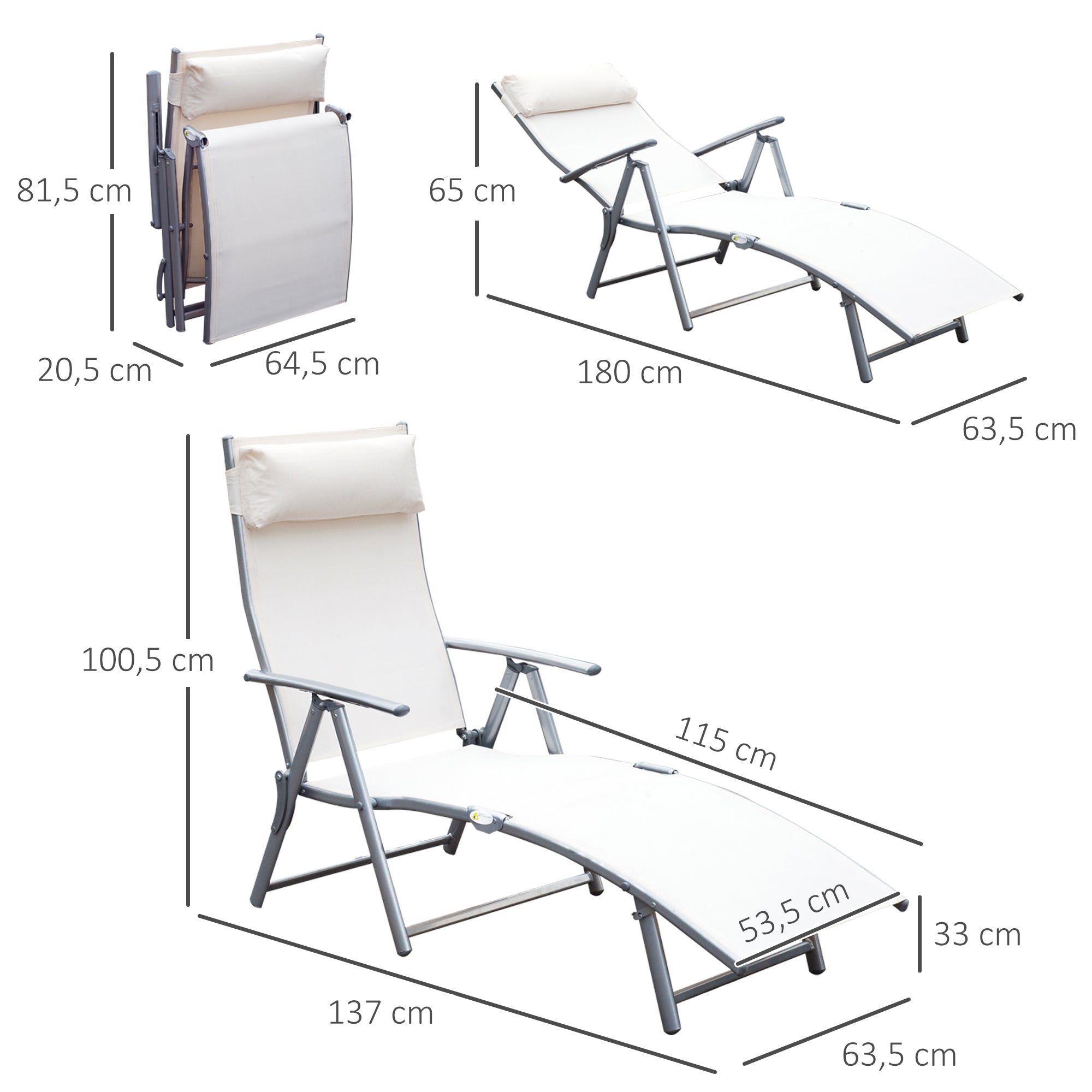 Outsunny Tumbona Plegable Tumbona de Jardín con Respaldo Ajustable en 7 Niveles Almohada y Reposabrazos Carga 165 kg para Piscina Terraza Camping 137x63,5x100,5 cm Beige