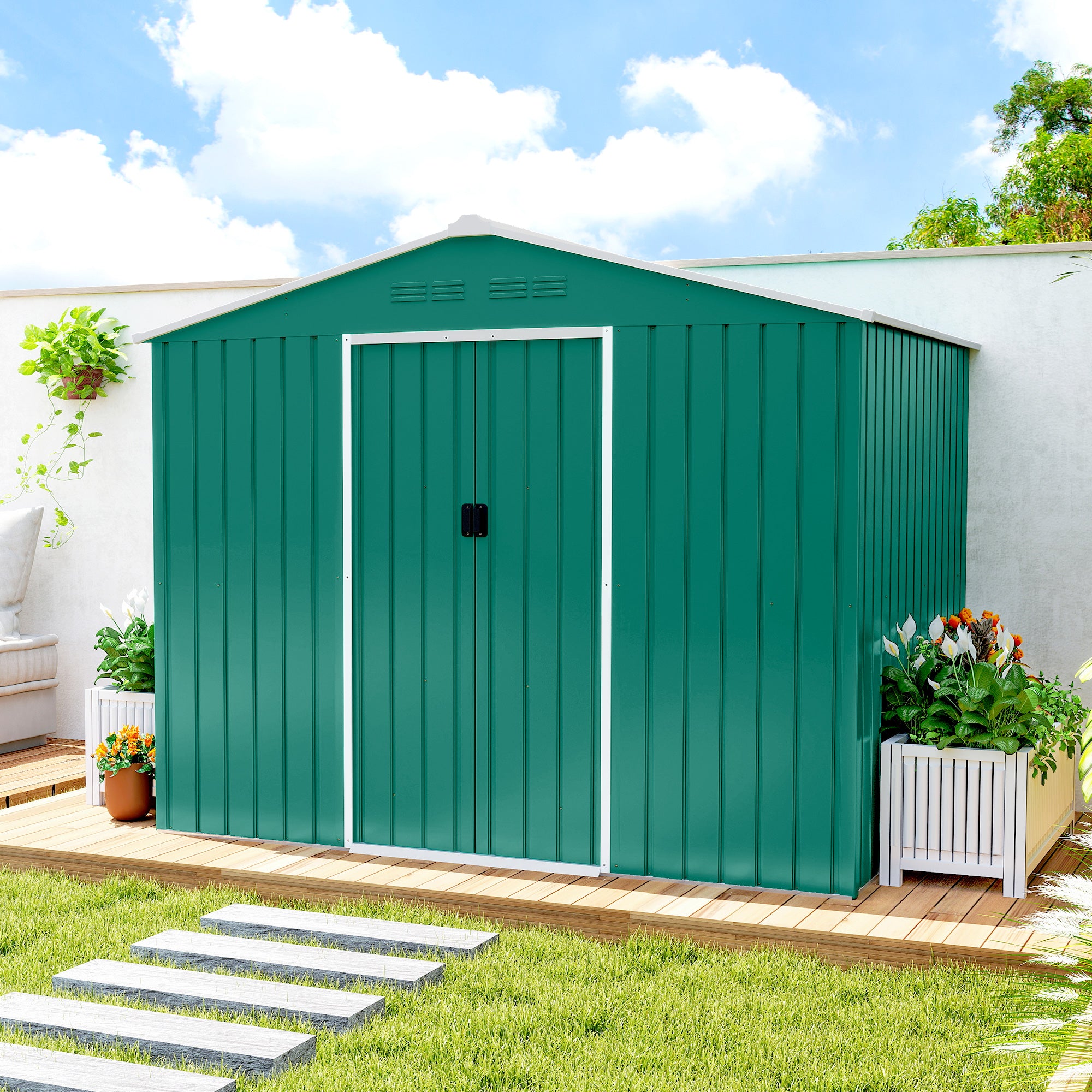 Outsunny Caseta de Jardín Exterior 3,6 m², 236x171x191 cm, Cobertizo de Jardín Exterior Metálico con Puertas Correderas y Ranuras de Ventilación, para Almacenamiento de Herramientas, Verde