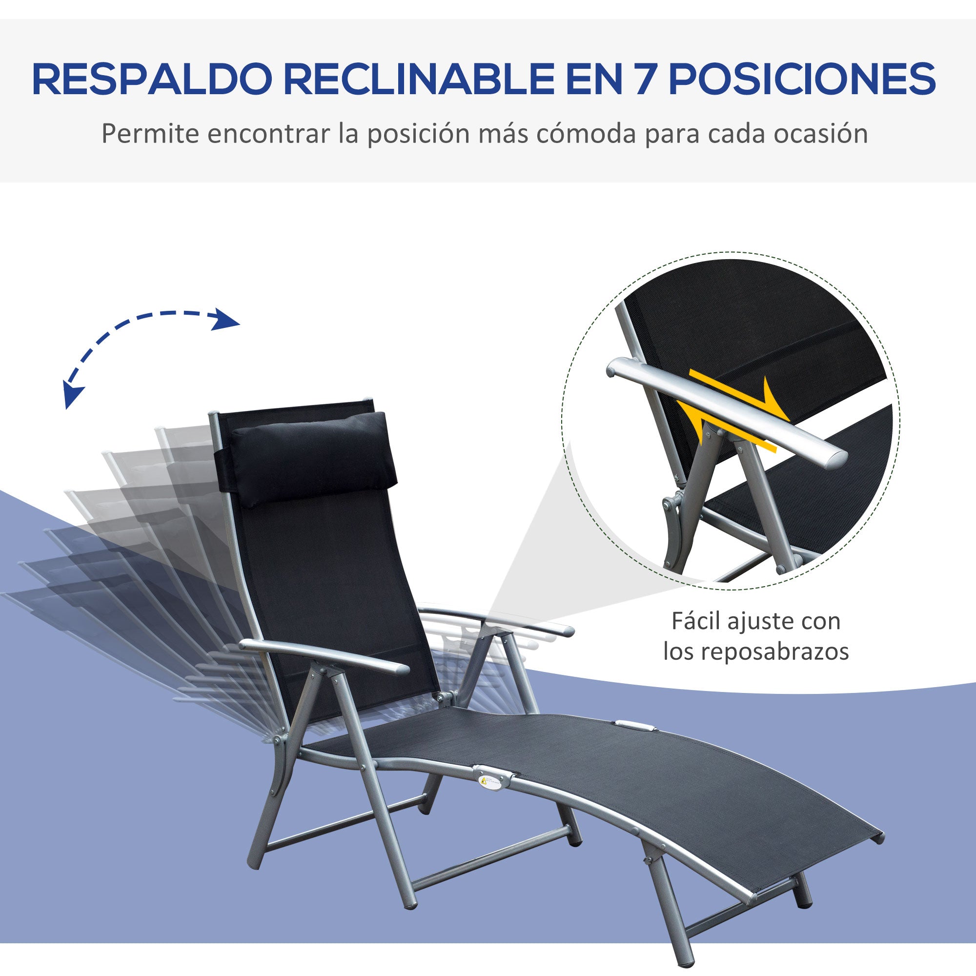 Outsunny Conjunto de 2 Tumbonas Plegables Tumbonas de Jardín con Respaldo Ajustable Almohada y Reposabrazos Carga 165 kg para Piscina Terraza Camping 137x63,5x100,5 cm Negro
