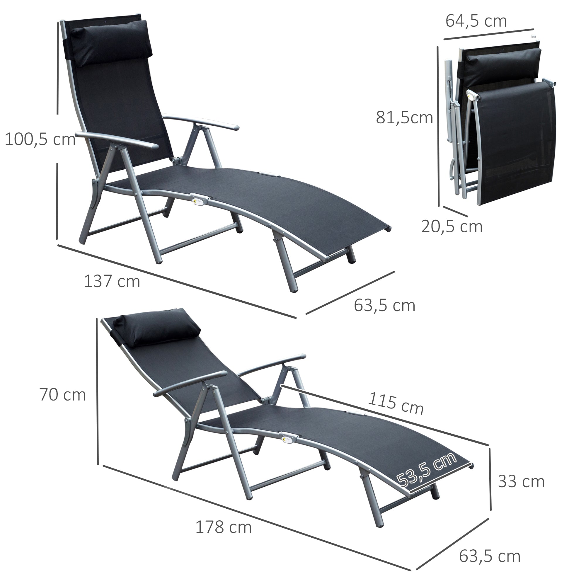 Outsunny Conjunto de 2 Tumbonas Plegables Tumbonas de Jardín con Respaldo Ajustable Almohada y Reposabrazos Carga 165 kg para Piscina Terraza Camping 137x63,5x100,5 cm Negro