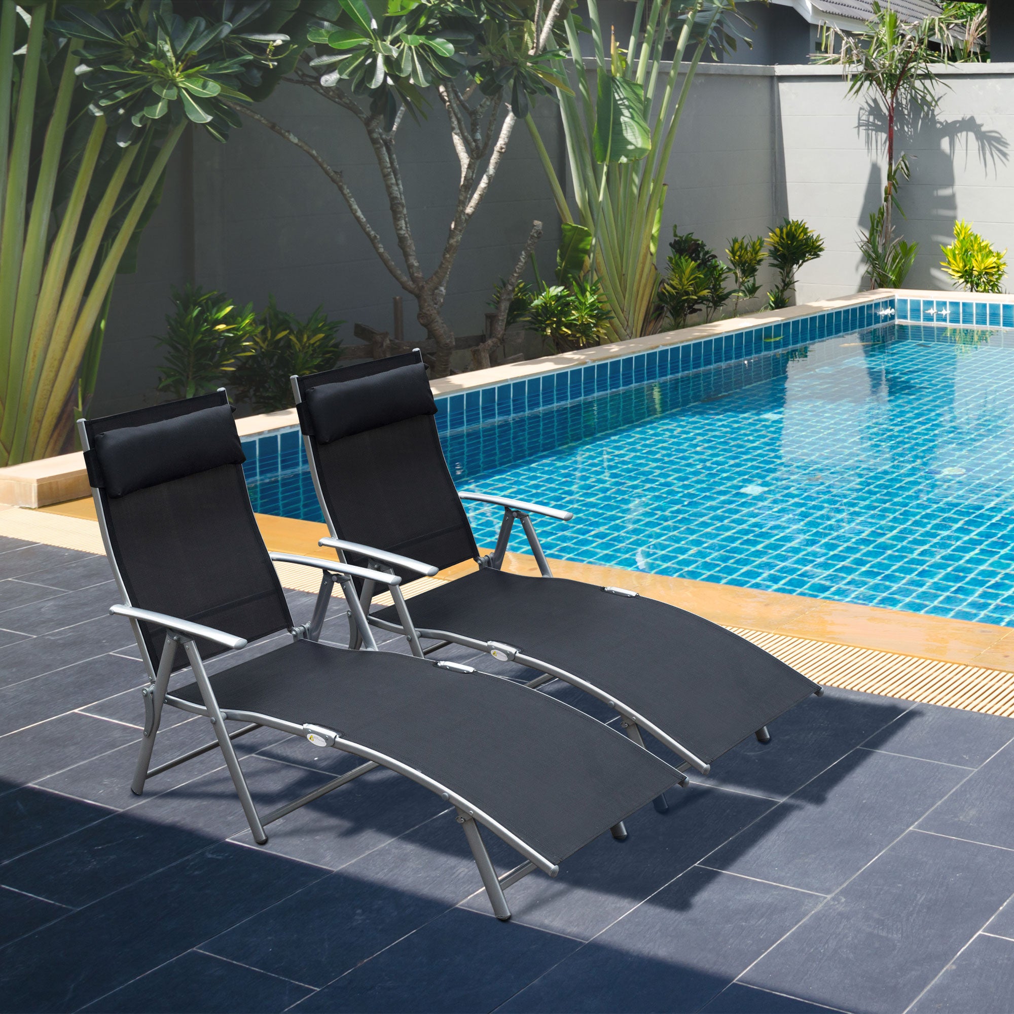Outsunny Conjunto de 2 Tumbonas Plegables Tumbonas de Jardín con Respaldo Ajustable Almohada y Reposabrazos Carga 165 kg para Piscina Terraza Camping 137x63,5x100,5 cm Negro