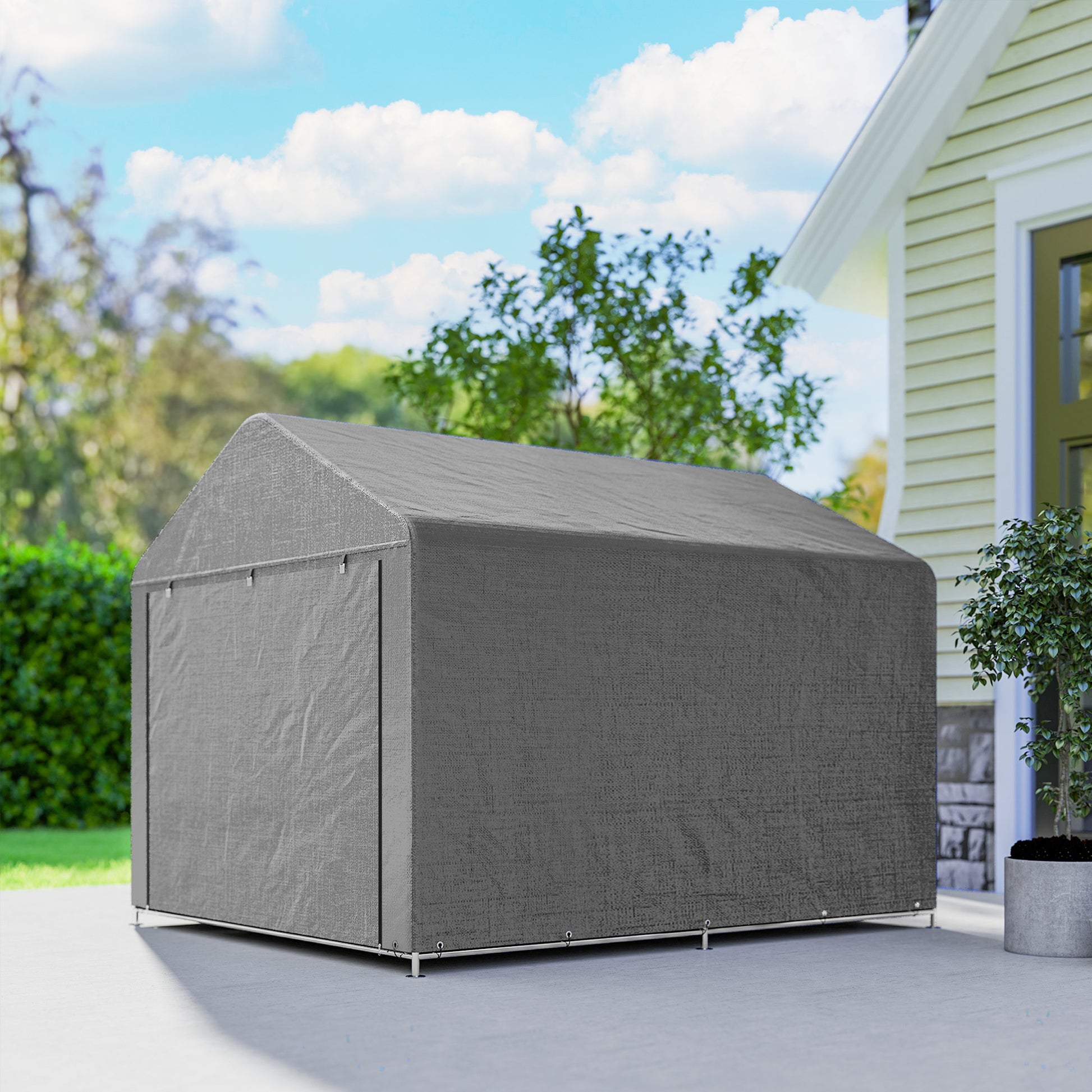 Outsunny Carpa de Jardín Exterior para Herramientas, Bicicletas, 2,4x2x2 m, Cobertizo Exterior con Marco Metal Galvanizado, Puerta Enrollable con Cremallera, Impermeable, UV30+, Garaje Portátil, Gris