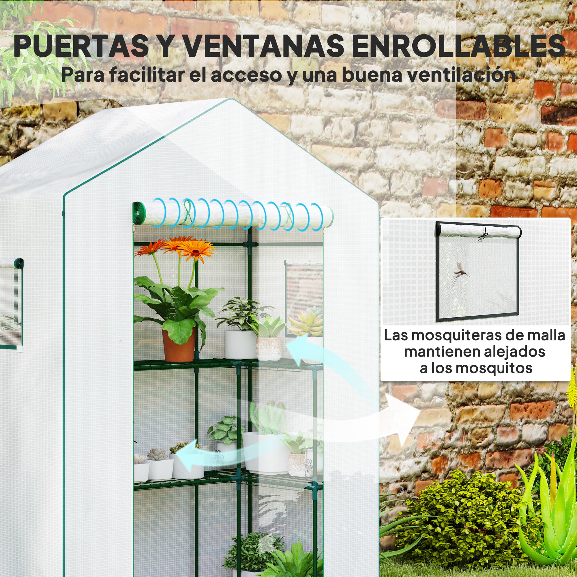 Outsunny Invernadero de Exterior de 3 Niveles Invernadero de Jardín con Puerta Enrollable 2 Ventanas Estantes en Forma de U para Cultivo de Plantas en Terraza Patio 140x73x190 cm Blanco