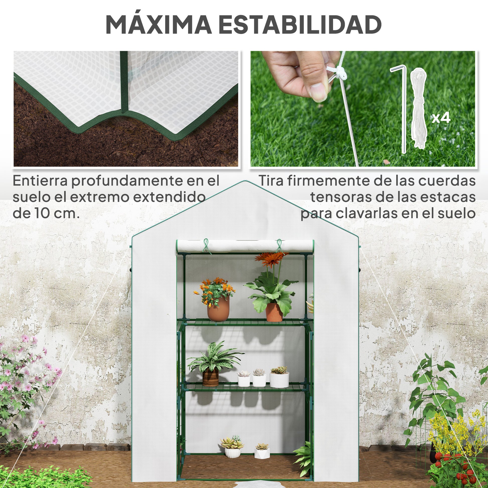 Outsunny Invernadero de Exterior de 3 Niveles Invernadero de Jardín con Puerta Enrollable 2 Ventanas Estantes en Forma de U para Cultivo de Plantas en Terraza Patio 140x73x190 cm Blanco