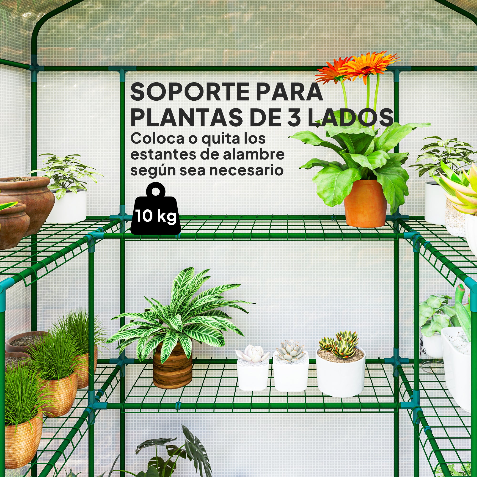 Outsunny Invernadero de Exterior de 3 Niveles Invernadero de Jardín con Puerta Enrollable 2 Ventanas Estantes en Forma de U para Cultivo de Plantas en Terraza Patio 140x73x190 cm Blanco