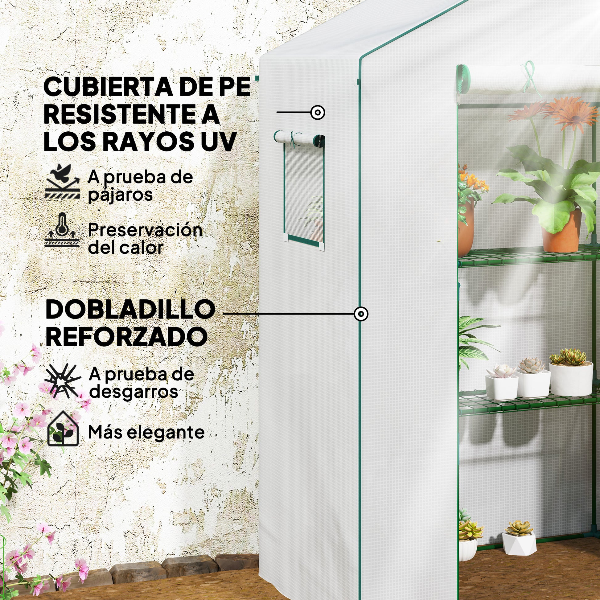 Outsunny Invernadero de Exterior de 3 Niveles Invernadero de Jardín con Puerta Enrollable 2 Ventanas Estantes en Forma de U para Cultivo de Plantas en Terraza Patio 140x73x190 cm Blanco