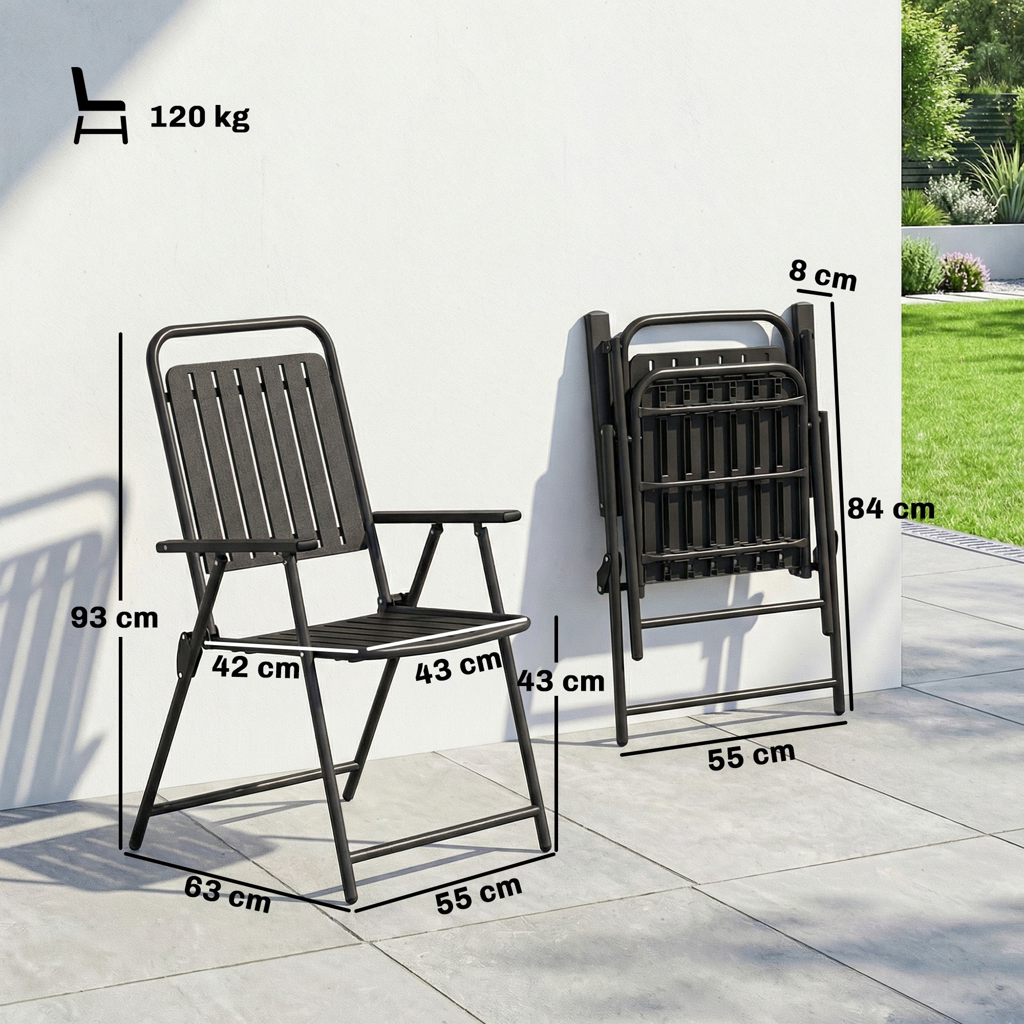 Outsunny Juego de 4 Sillas de Jardín Exterior Plegables, Sillas Terraza Exterior con Reposabrazos, Respaldo y Asiento de PP, Marco Metálico, 55x63x93 cm, Negro