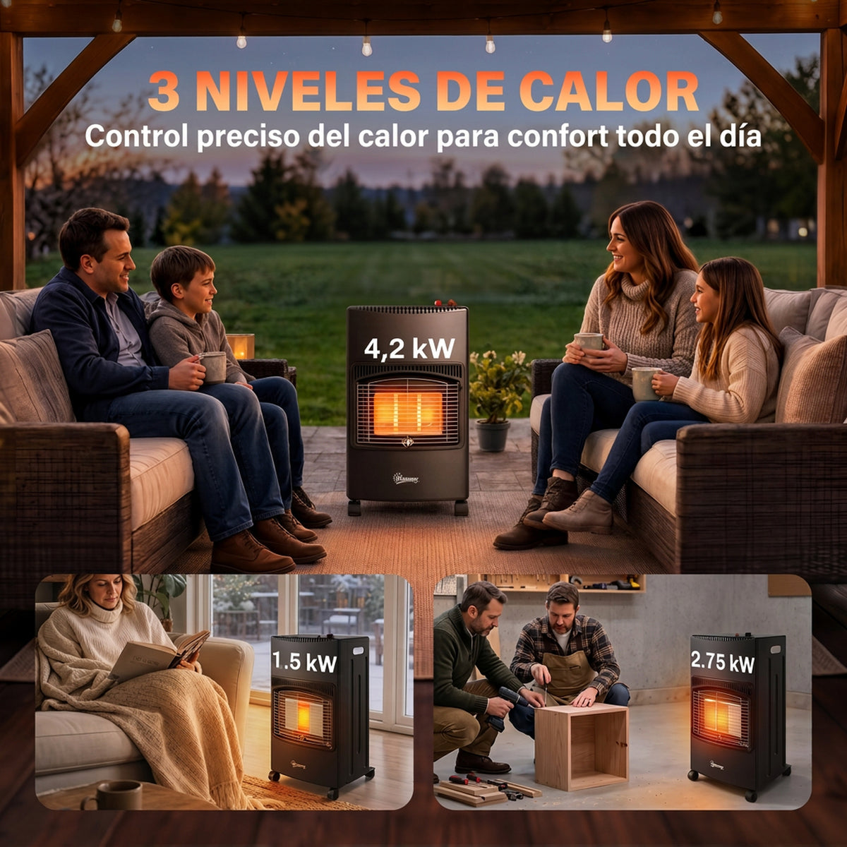 Outsunny Estufa de Gas Butano Exterior, 4,2 kW, Calefactor de Gas Terraza con Sensor ODS, 3 Niveles de Calor, Encendido Piezoeléctrico, Antivuelco, 4 Ruedas, Paneles Laterales Plegables, 25 m², Negro