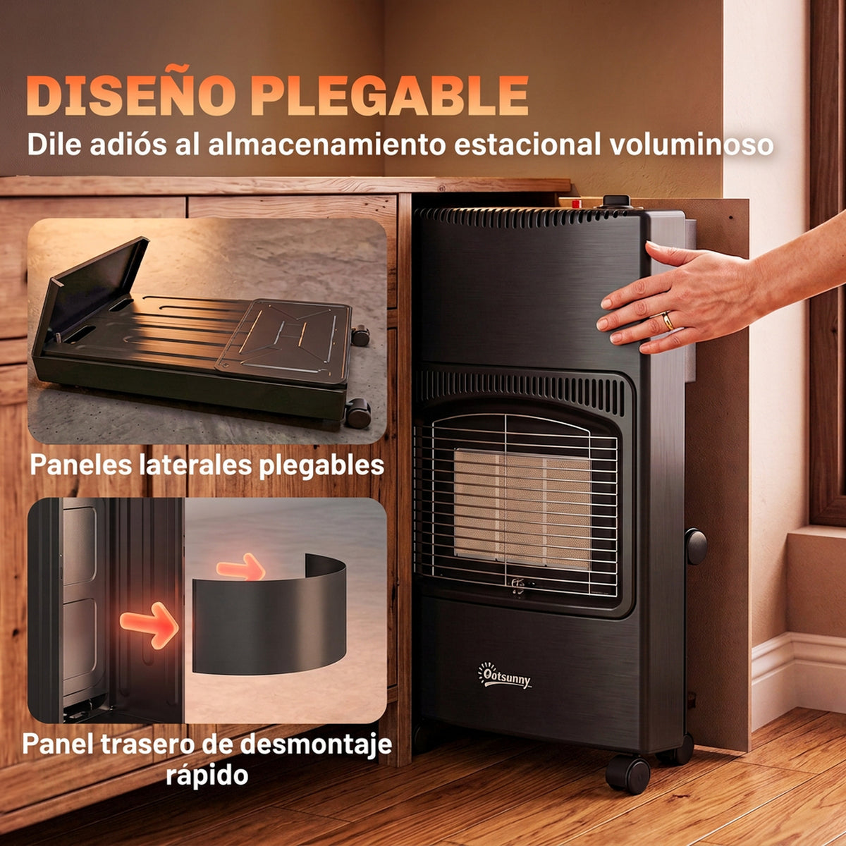 Outsunny Estufa de Gas Butano Exterior, 4,2 kW, Calefactor de Gas Terraza con Sensor ODS, 3 Niveles de Calor, Encendido Piezoeléctrico, Antivuelco, 4 Ruedas, Paneles Laterales Plegables, 25 m², Negro