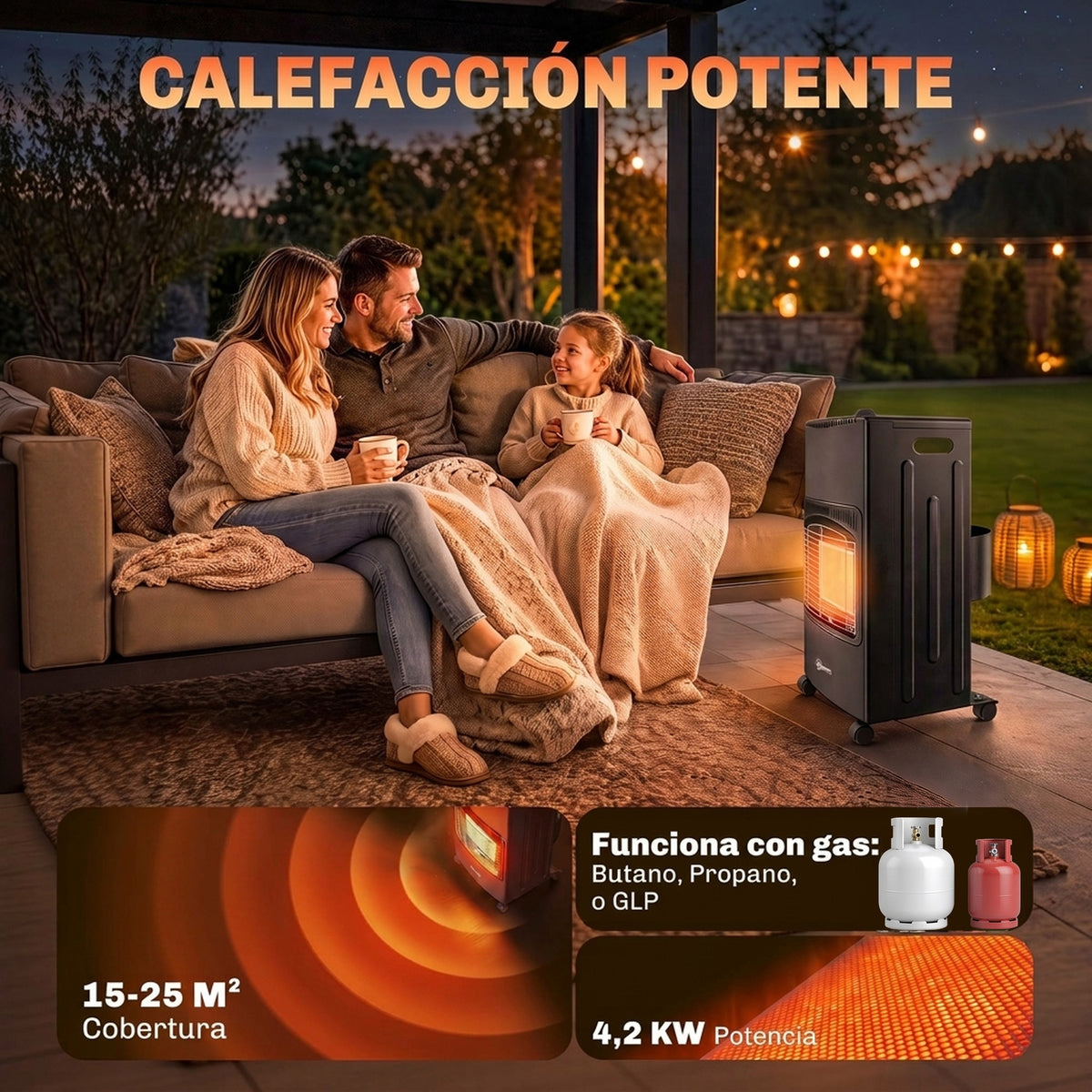 Outsunny Estufa de Gas Butano Exterior, 4,2 kW, Calefactor de Gas Terraza con Sensor ODS, 3 Niveles de Calor, Encendido Piezoeléctrico, Antivuelco, 4 Ruedas, Paneles Laterales Plegables, 25 m², Negro