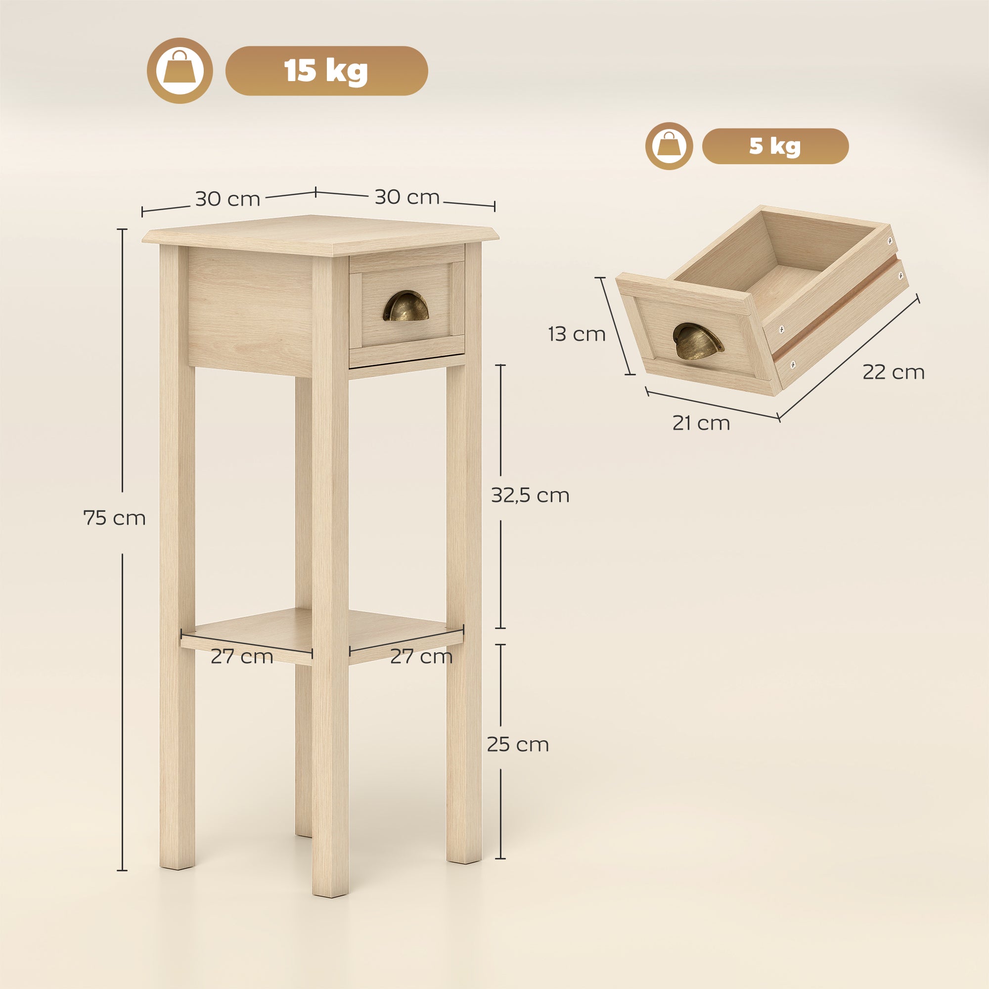 HOMCOM Mesa Auxiliar Rústica, Mesa Auxiliar para Sofá, con Cajón y Estante, Mesita de Noche para Salón, Dormitorio, 30x30x75 cm, Madera Natural