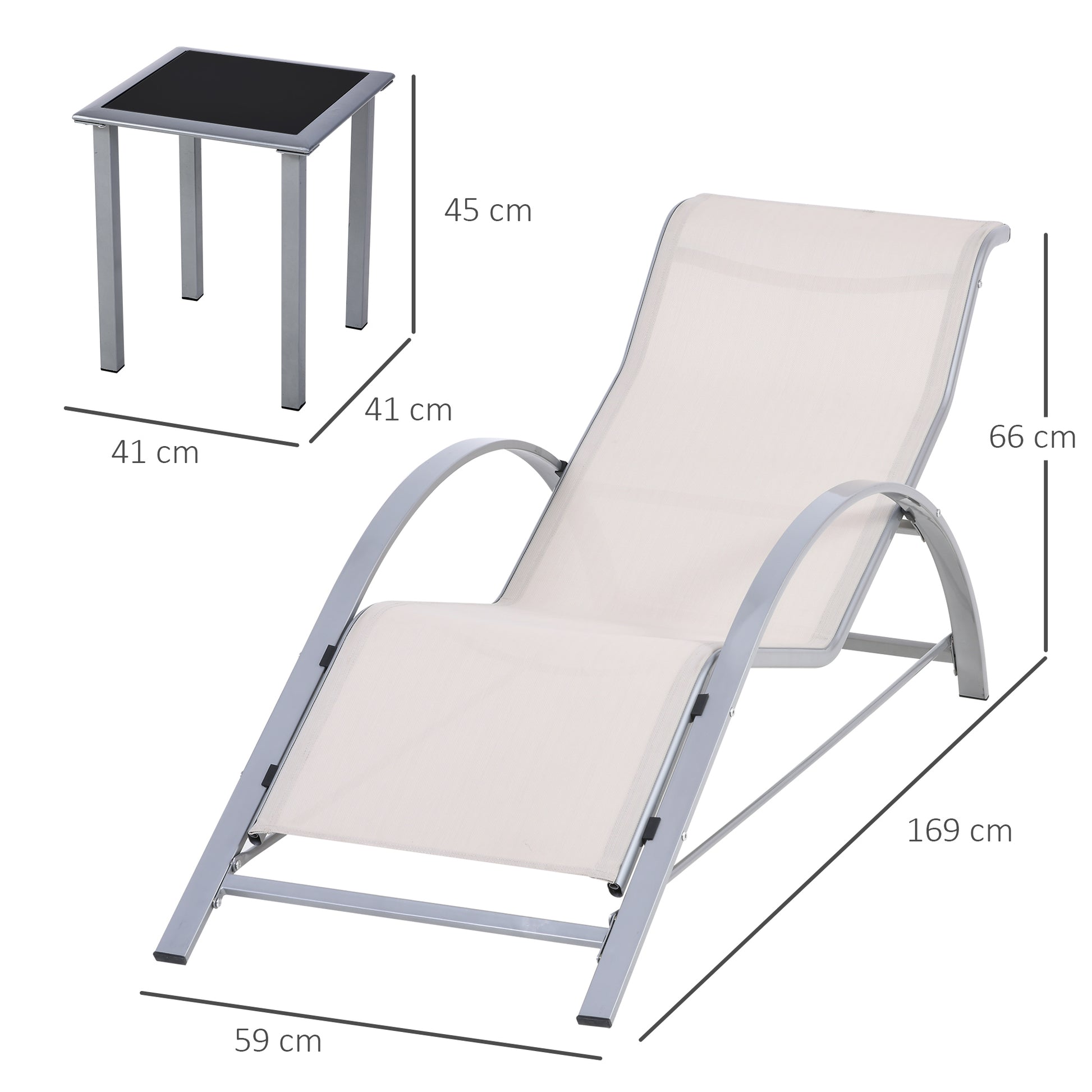 Outsunny Set de 2 Tumbonas Jardín Exterior con Mesa Auxiliar de Vidrio Templado Tumbonas con Respaldo Reposabrazos para Patio Piscina Terraza Exterior Beige