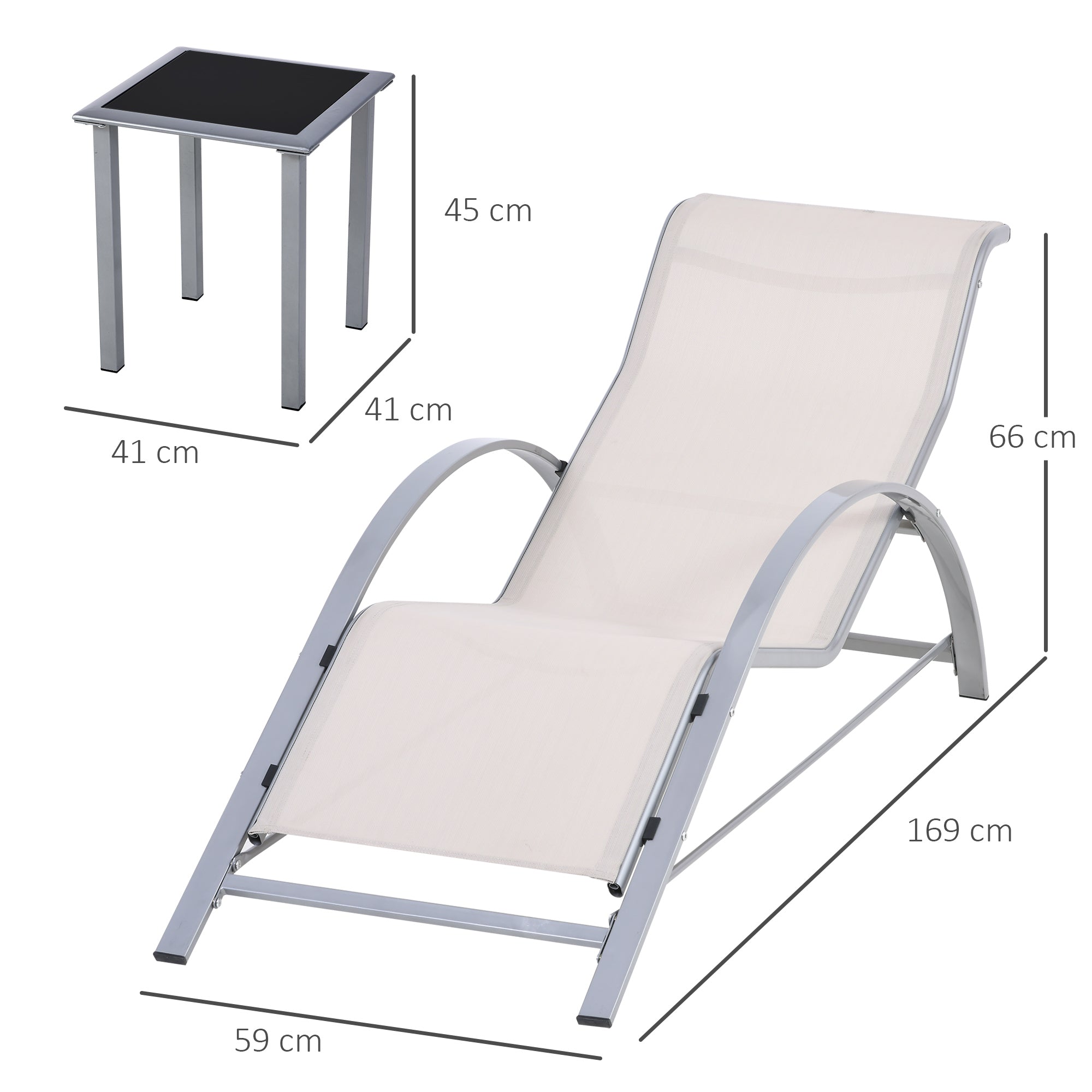 Outsunny Set de 2 Tumbonas Jardín Exterior con Mesa Auxiliar de Vidrio Templado Tumbonas con Respaldo Reposabrazos para Patio Piscina Terraza Exterior Beige