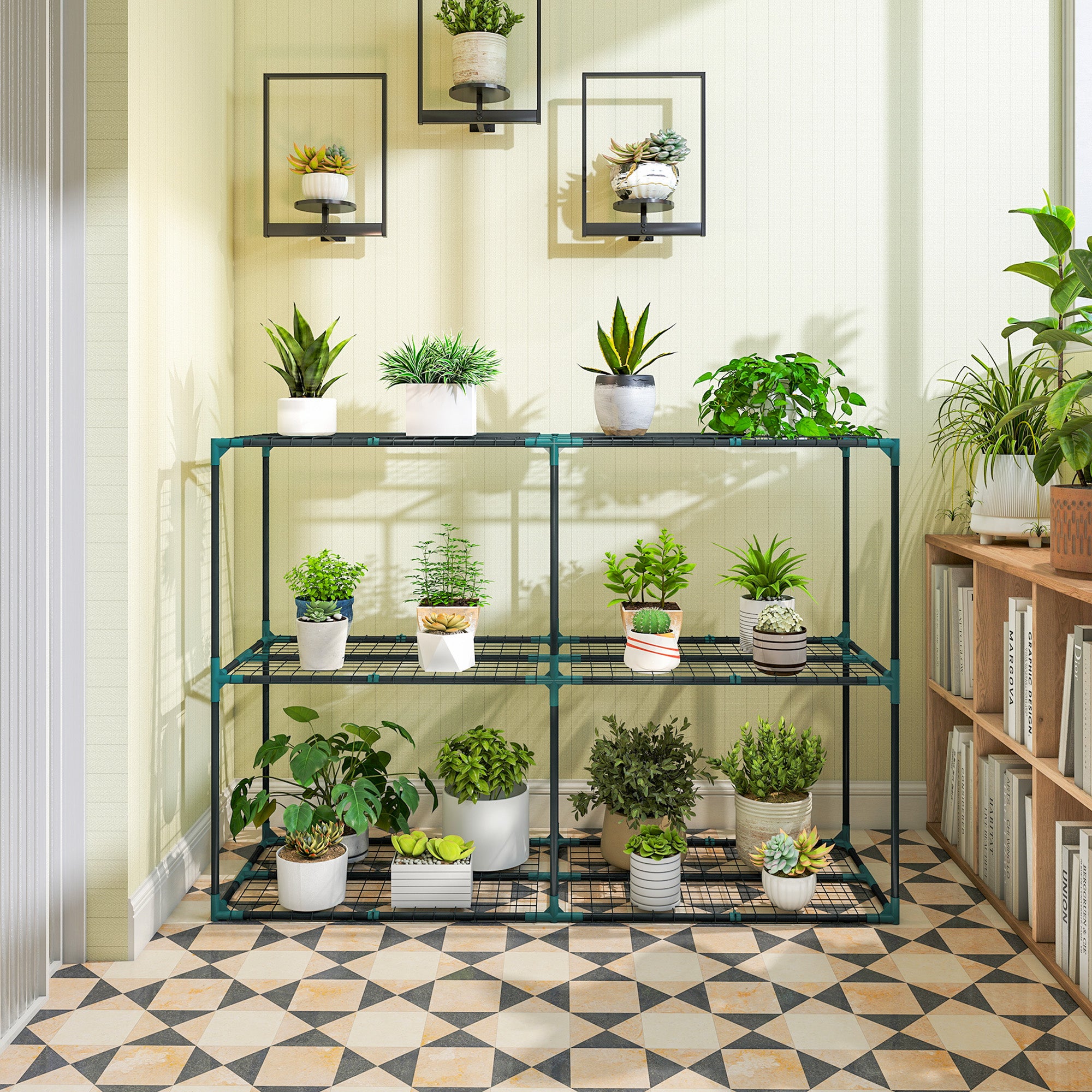 Outsunny Soporte para Plantas de 3 Niveles para Interior y Exterior, Estantería para Plantas de Acero, Resistente y Estable, Estante para Macetas, Patio, Jardín, Balcón, Verde Oscuro