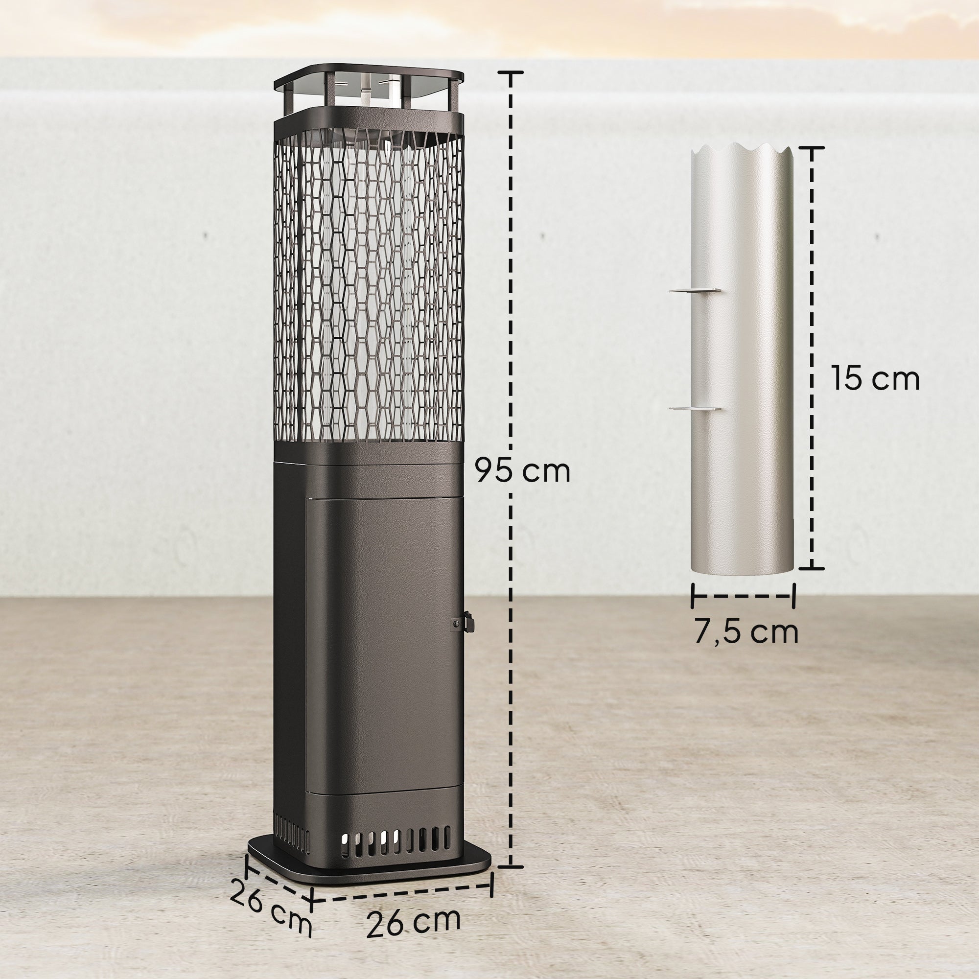 Outsunny Estufa de Pellets, 6.86 KW, sin Electricidad, Estufa Exterior con Tubo de Vidrio, Base Antideslizante y Rejilla Metálica, Calefactor de Pellets sin Humo para Jardín, Terraza, Exterior, Negro