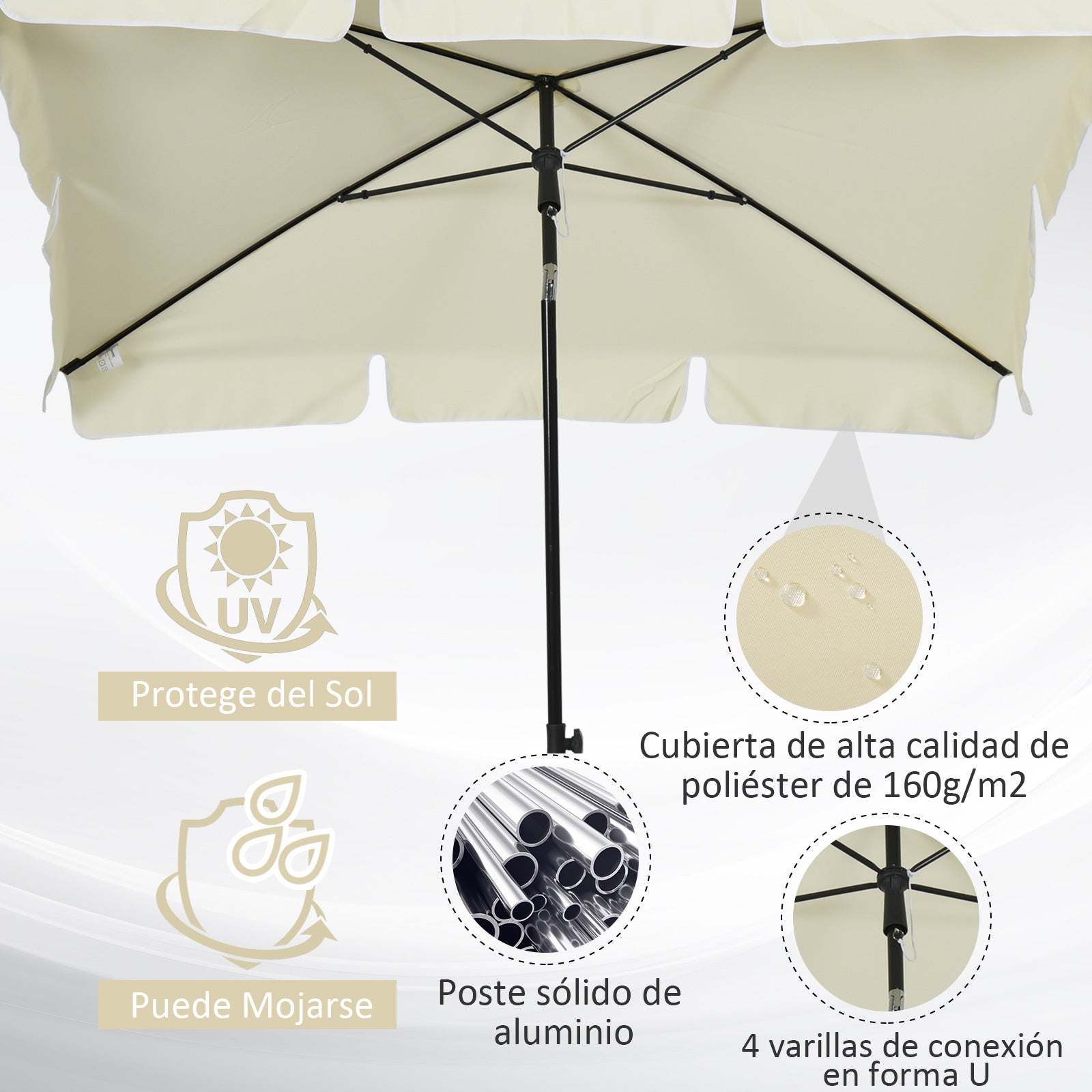 Outsunny Sombrilla de Jardín de Aluminio 198x130x245 cm Parasol de Jardín Rectangular con Función de Inclinación para Terraza Patio Exterior Beige