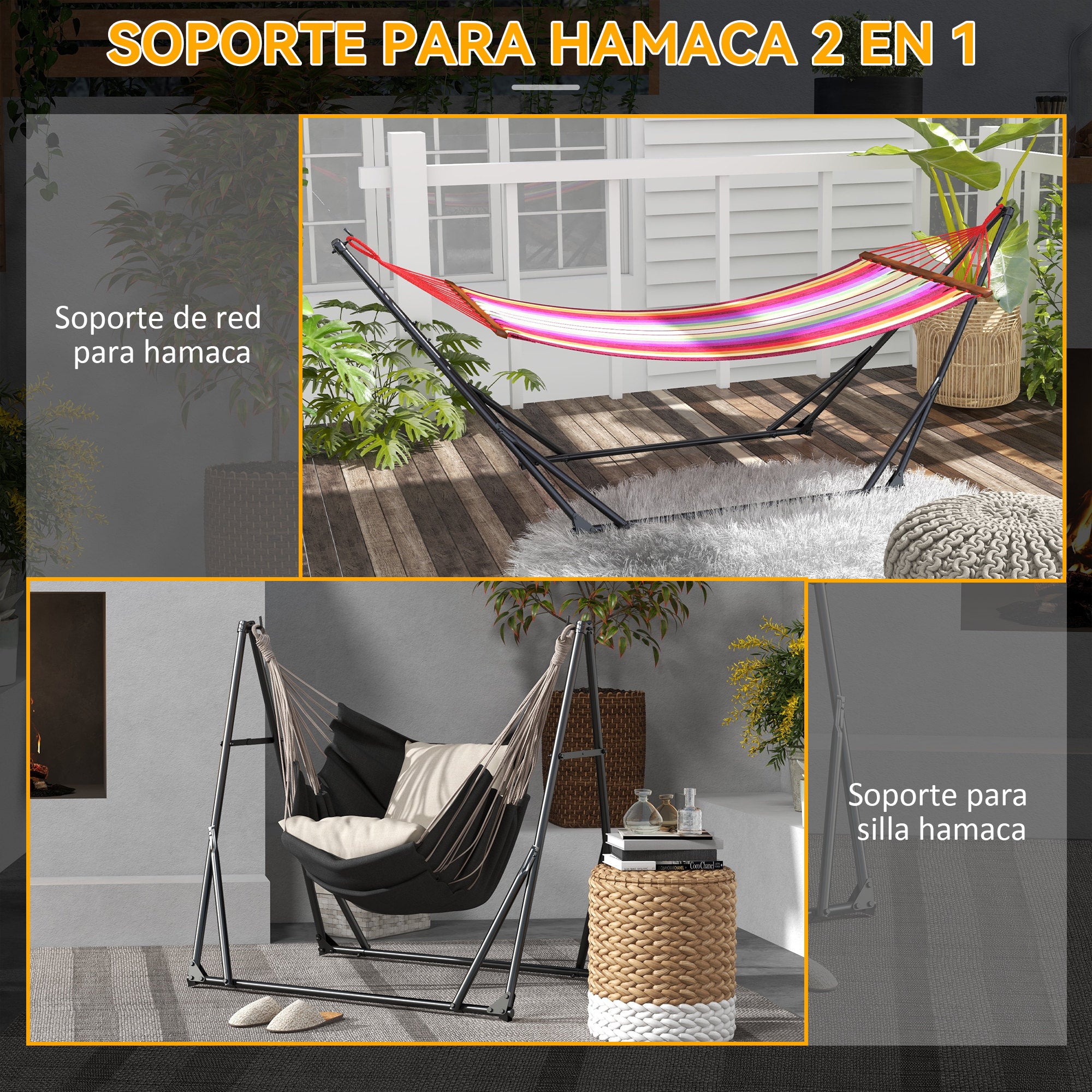 Outsunny Soporte para Hamaca Plegable Portátil, 2 en 1, Soporte para Silla Colgante con Estructura de Metal y Bolsa de Transporte, Carga 120 kg, para Hamaca 2,5 m y Silla 1,5 m de Largo, Negro