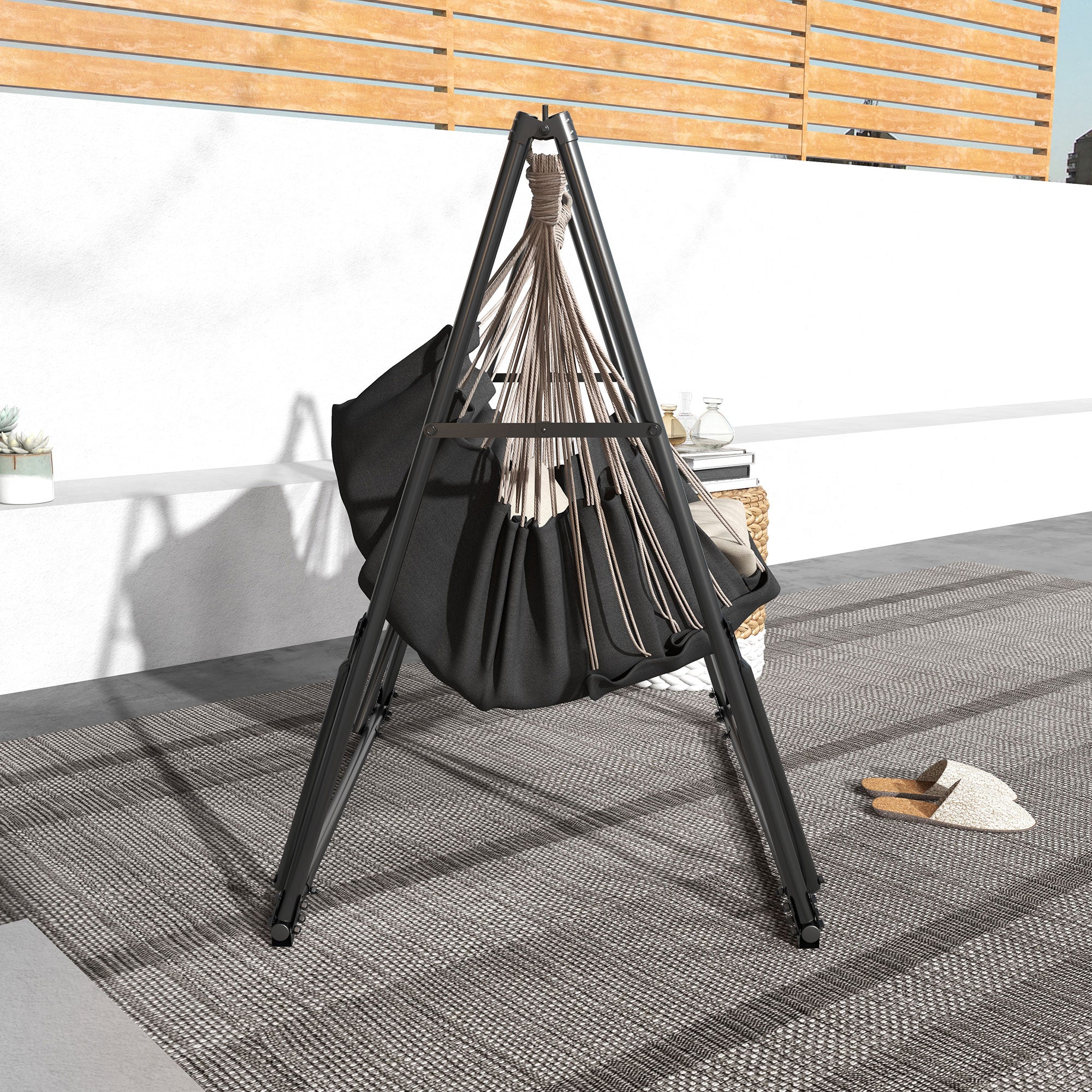 Outsunny Soporte para Hamaca Plegable Portátil, 2 en 1, Soporte para Silla Colgante con Estructura de Metal y Bolsa de Transporte, Carga 120 kg, para Hamaca 2,5 m y Silla 1,5 m de Largo, Negro