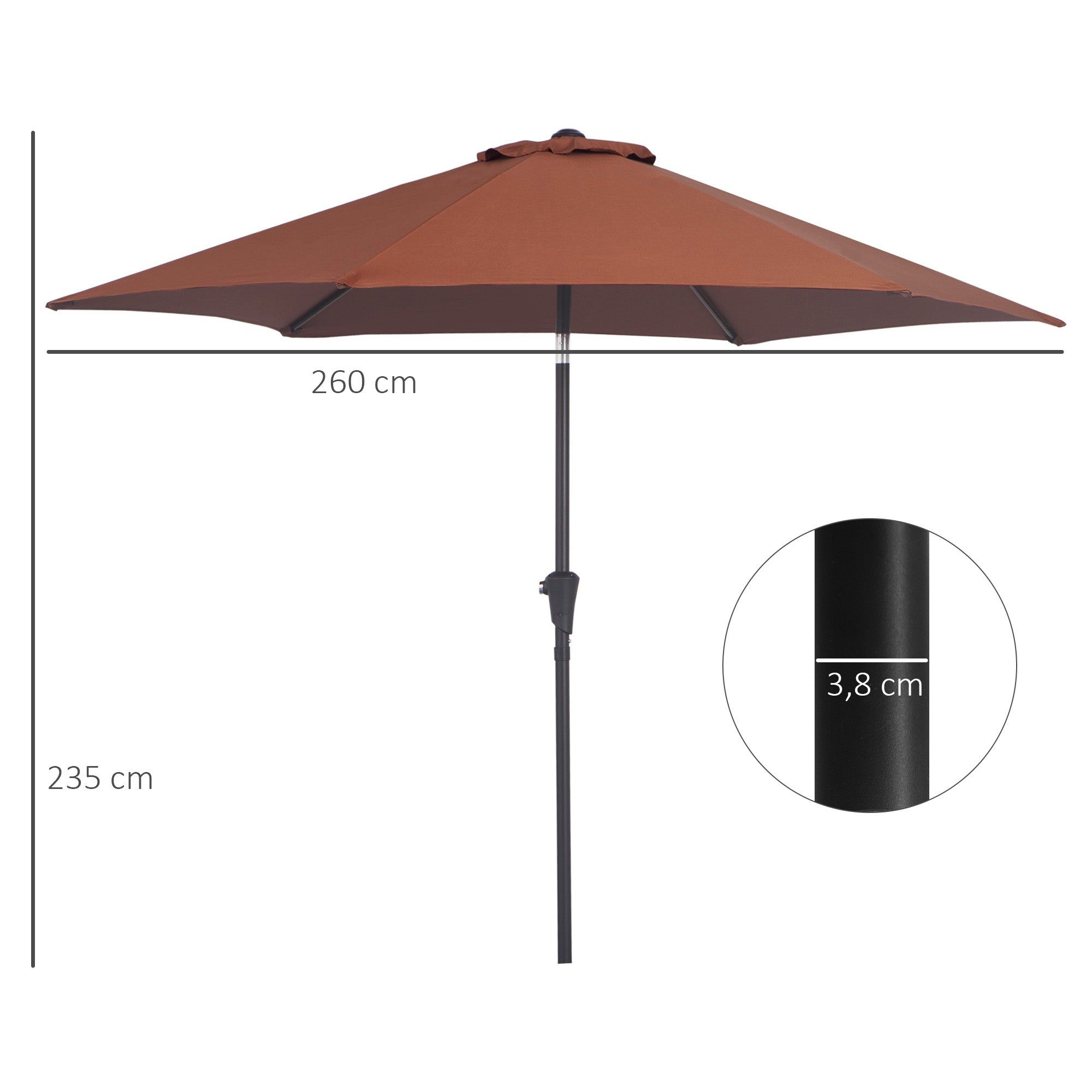 Outsunny Sombrilla para Jardín de Aluminio Ø260x235 cm Parasol de Jardín Reclinable con Manivela y 6 Varillas de Metal para Terraza Exterior Balcón Café