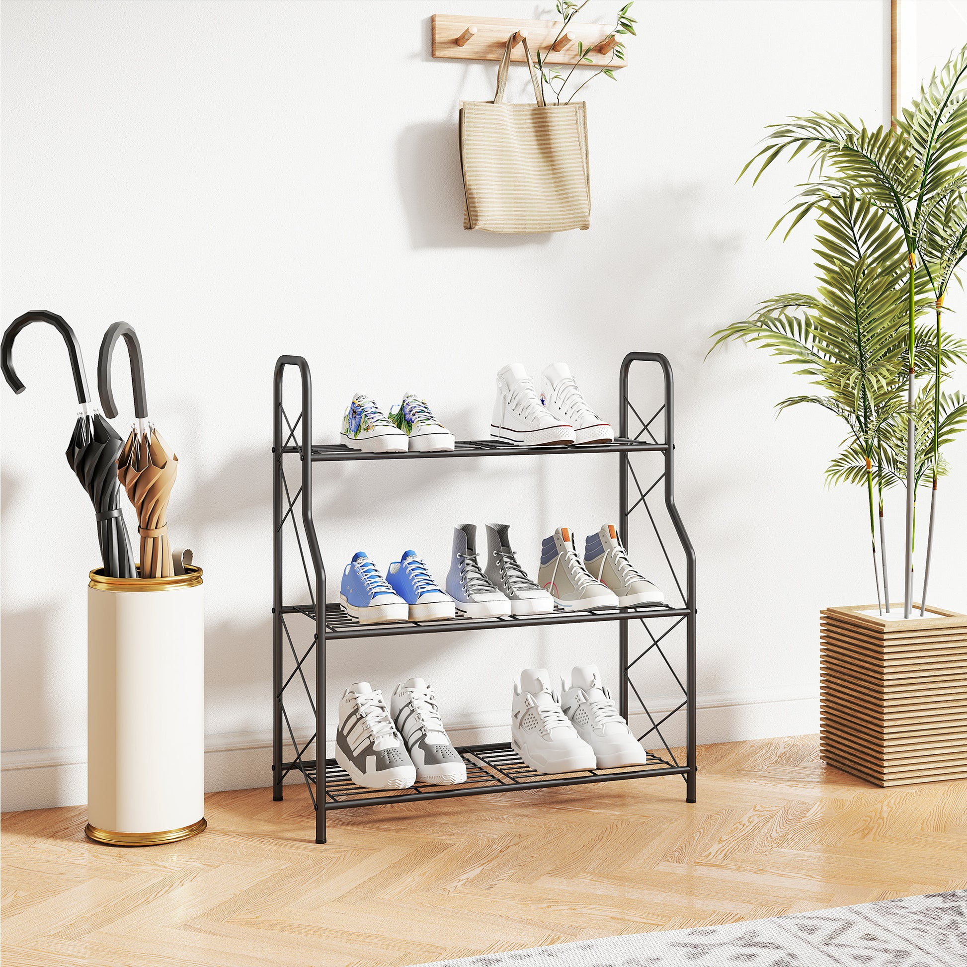 Outsunny Soporte para Plantas de 3 Niveles para Interior y Exterior, Estantería para Plantas de Metal con Patas Ajustables y Asas, Resistente y Estable, para Macetas, Patio, Jardín, Balcón, Negro